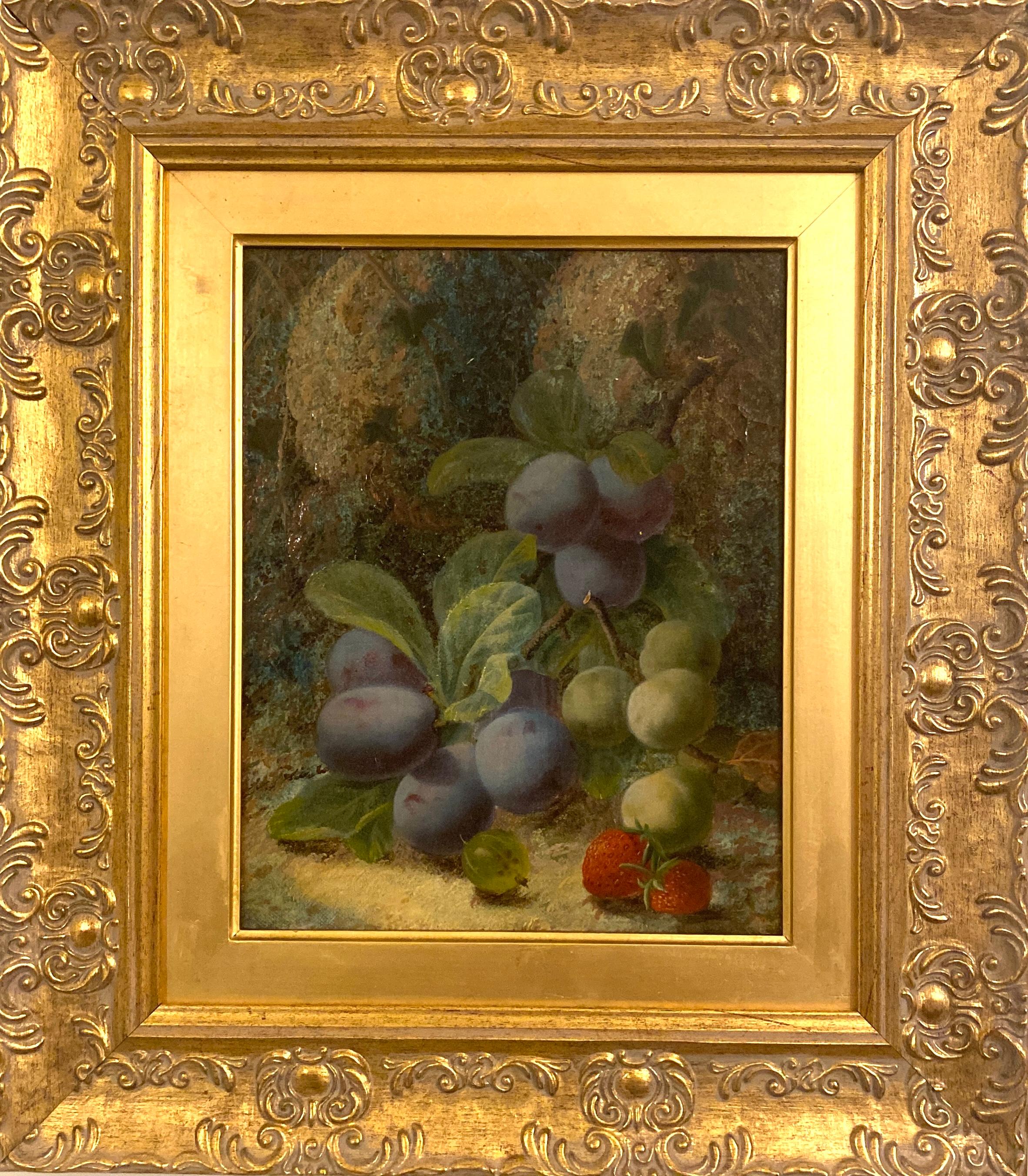 Bodegones victorianos de frutas y Ciruelas en un paisaje de ribera musgosa
