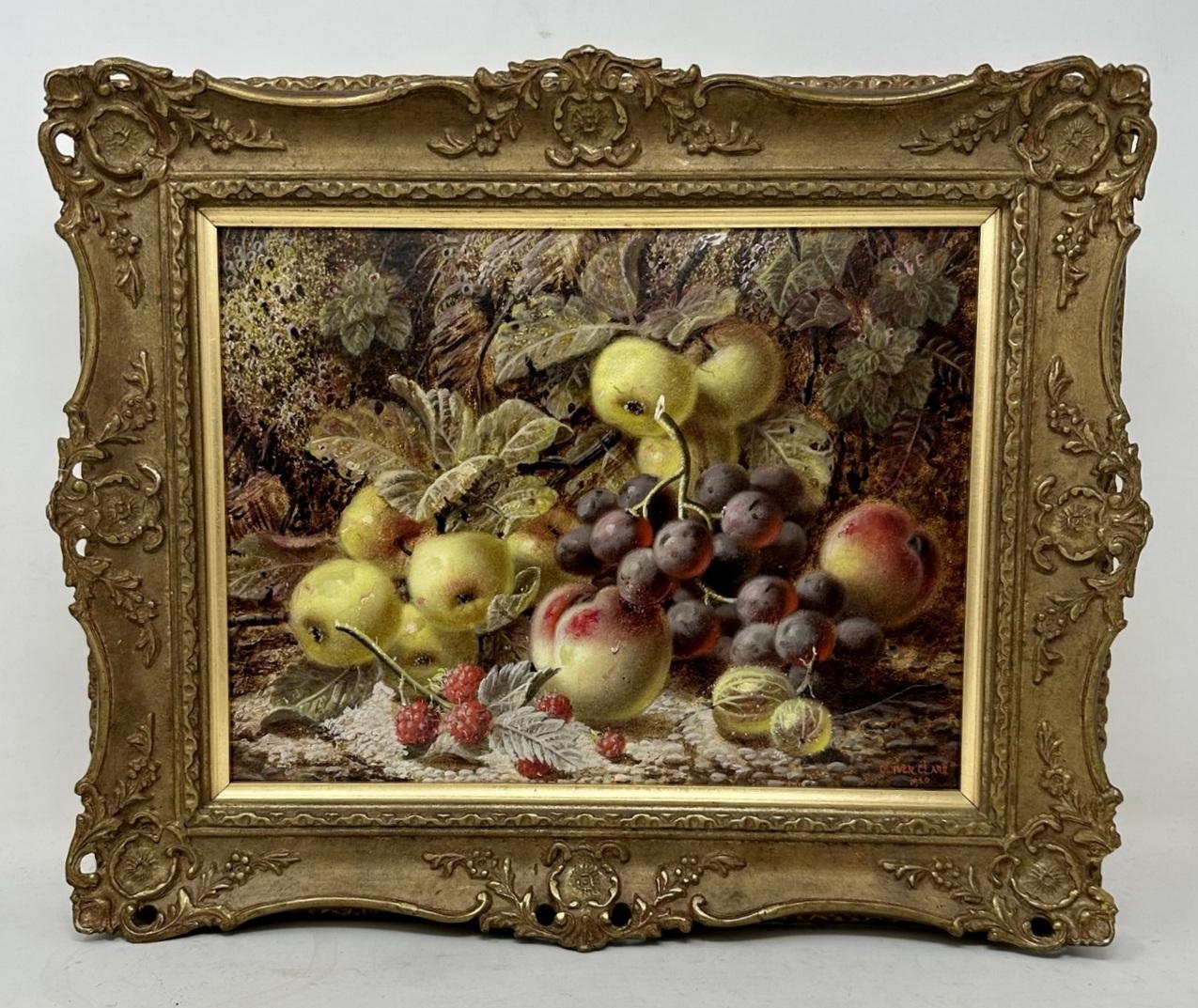 An exceptionally fine quality example of a framed still life of fruits oil painting on Artists board by well documented English Artist Oliver Clare, first quarter of the 20th century. Complete with its original good giltwood frame, signed lower