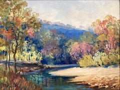 "Along the River" 20th Century American Colorful Oil Painting of Landscape Trees