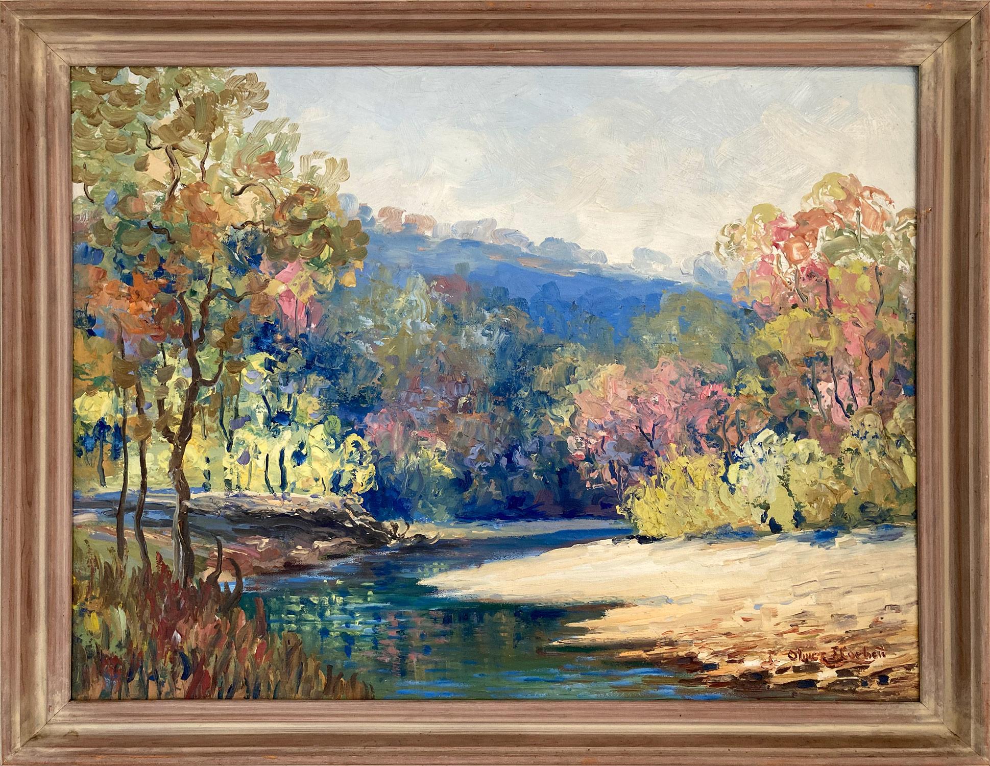 Landscape Painting Oliver Corbett   - "Along the River" - Peinture à l'huile américaine colorée du 20e siècle représentant des arbres de paysage