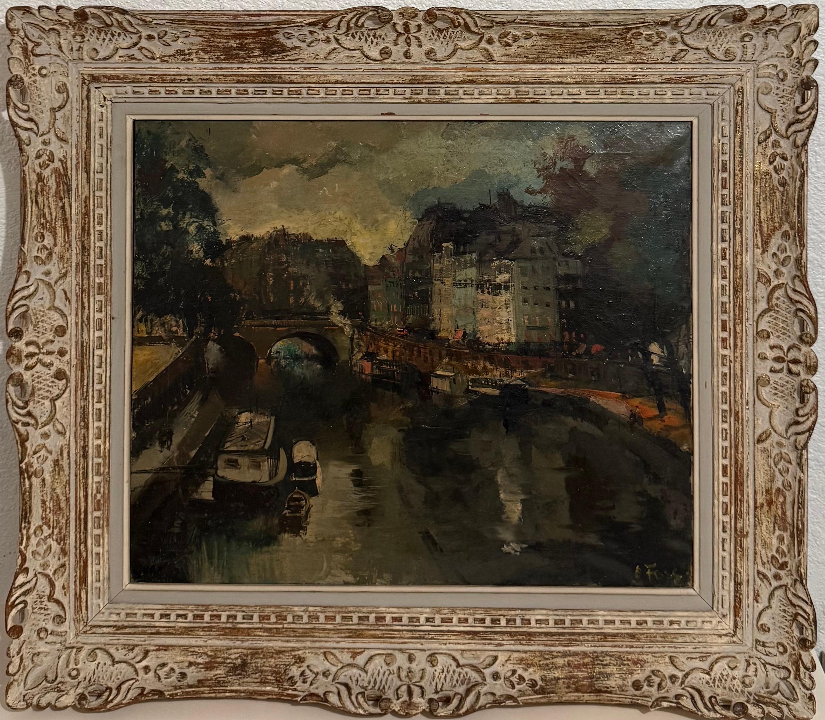 Peinture à l'huile expressionniste Paris Scène Vue Architecturale Visionisme Olivier Foss - Expressionniste Painting par Oliver Foss