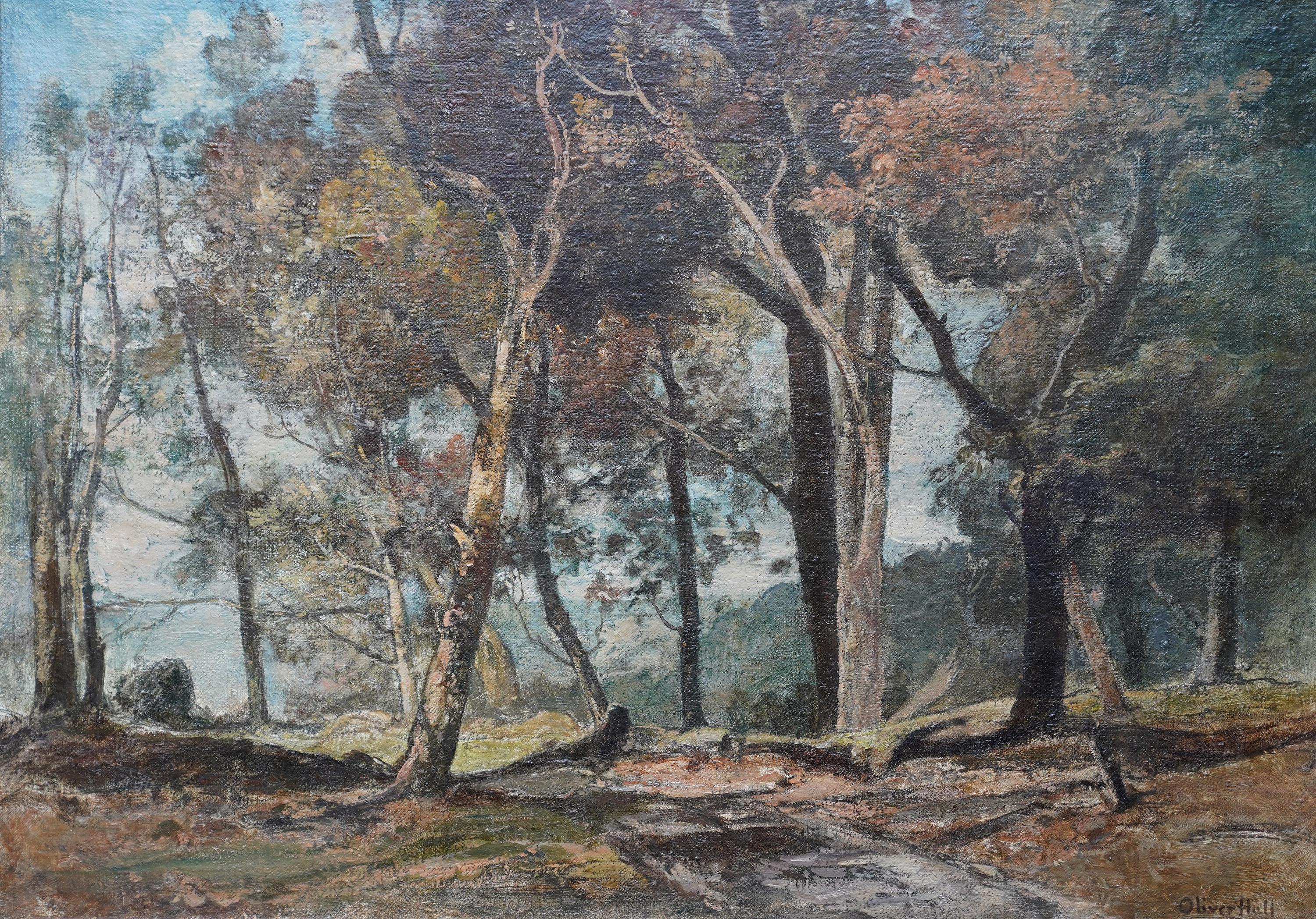 Woodland Path - British Impressionist art 1930 wooded landscape oil painting - Painting by Oliver Hall, R.A., R.E., R.S.W.