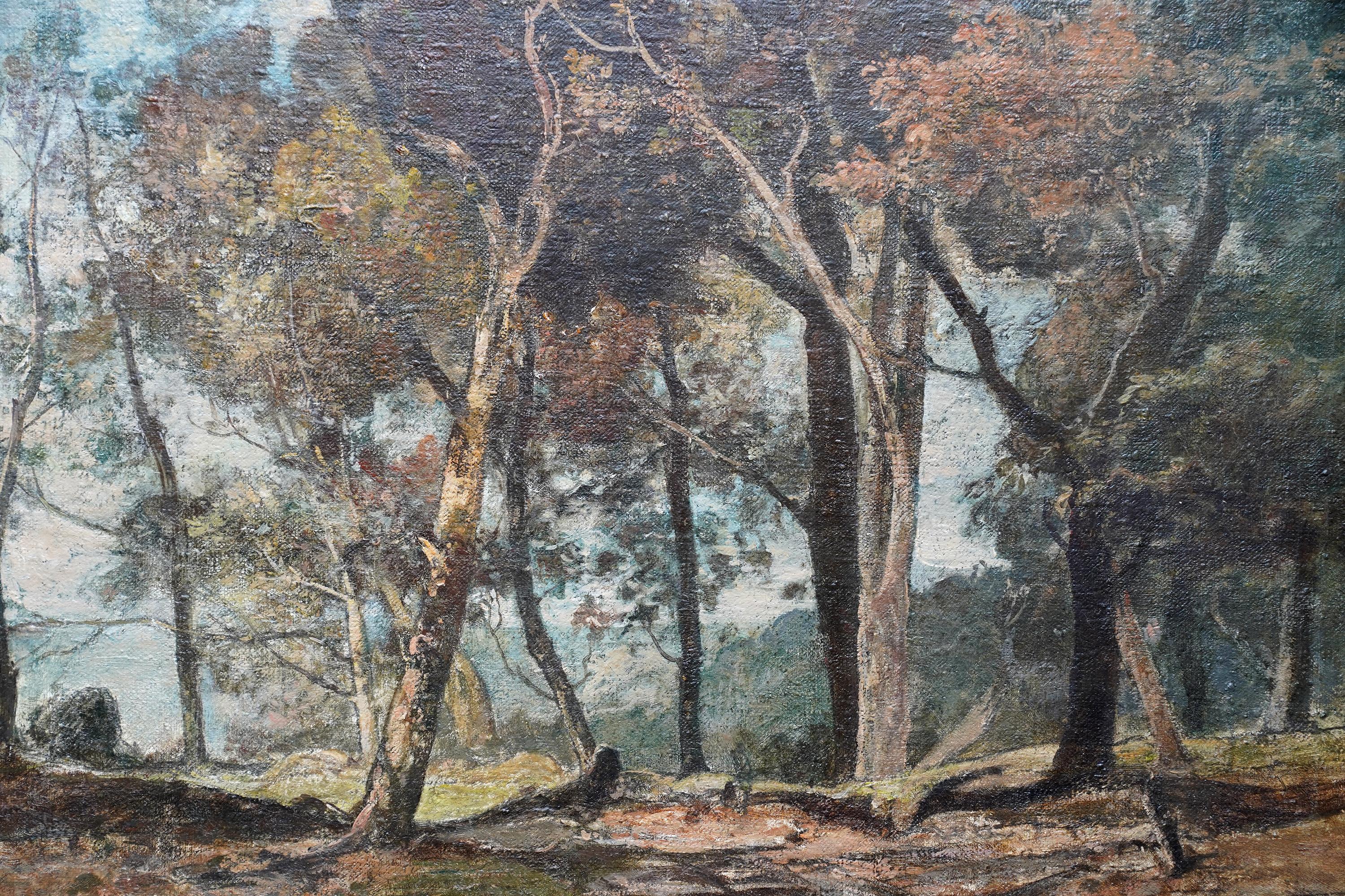 This lovely Impressionist landscape oil painting is by prolific exhibitor and British artist Oliver Hall. Painted circa 1930 the composition is a path curving through some trees with the land dropping away beyond. It is probably early autumn as the