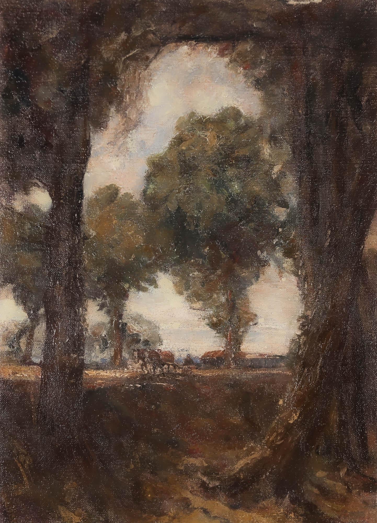 A notable painting by Oliver Hall RA (1869-1957), depicting a British farming landscape with distant heavy horses ploughing fertile soil ready for seeding. The charming composition has been cleverly framed by to mature trees, pillaring either of the