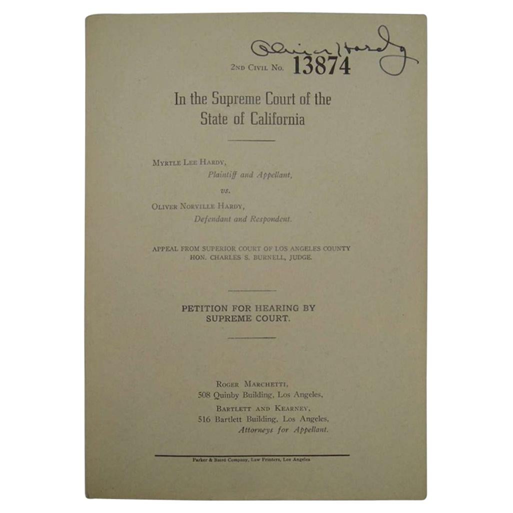 Oliver Hardy Vintage 1930s Autographed Divorce Document on Paper For Sale