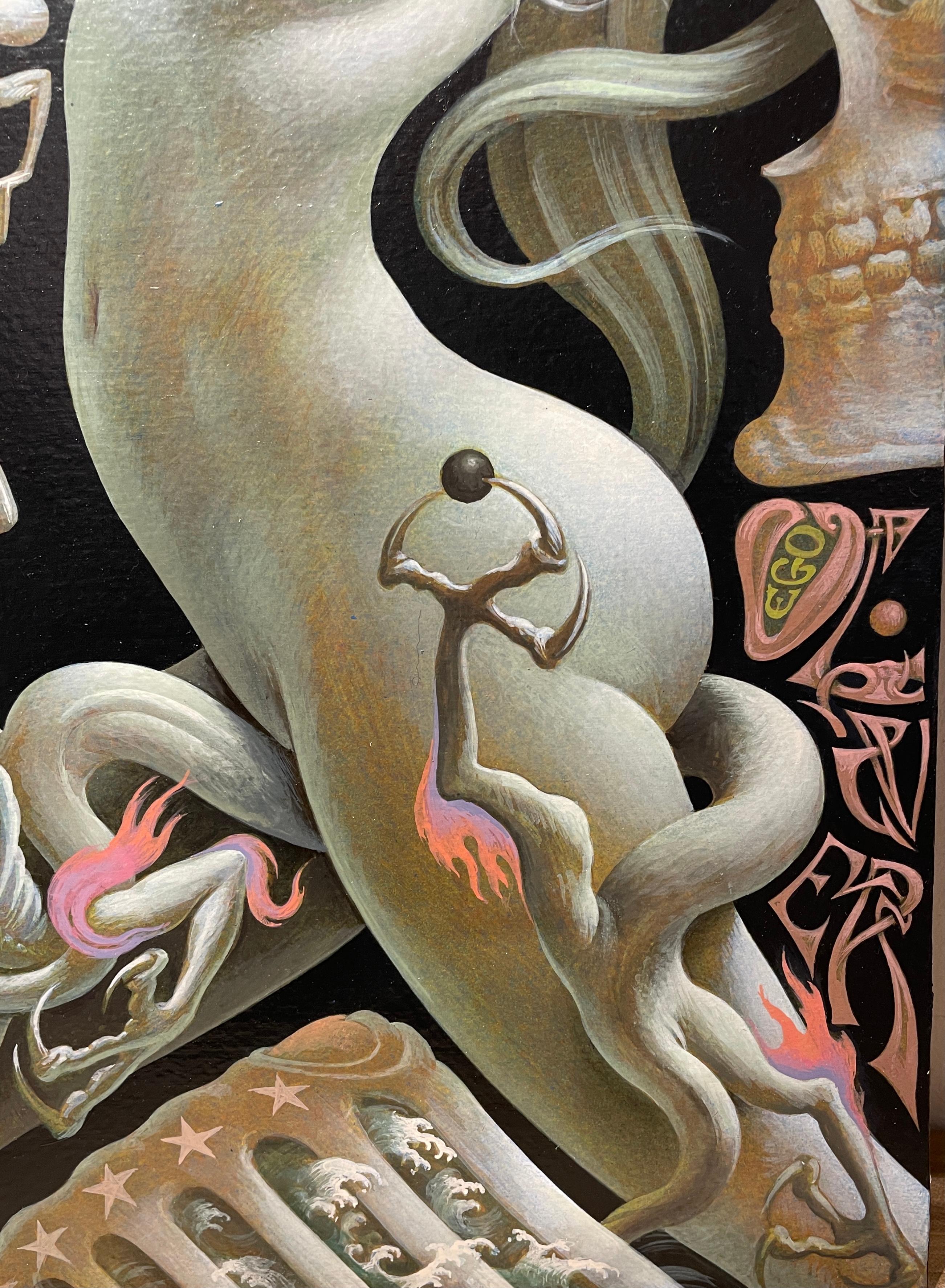 La pesadilla de Amlodi, - Pintura original sobre tabla, surrealista y muy detallada - Figurative Painting Gris de Oliver Hazard Benson