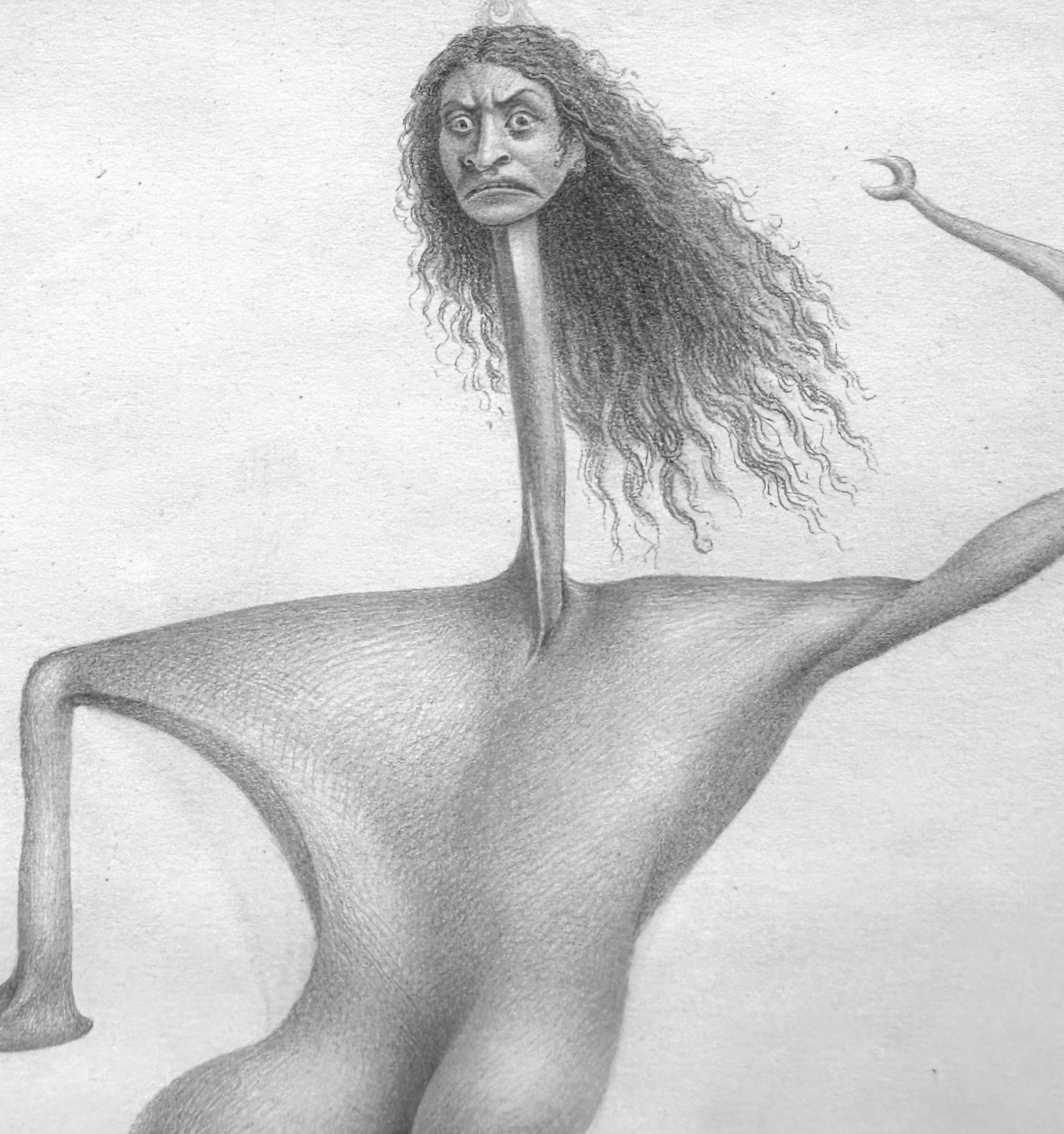 TnT - Surreal Nude Figure, Fine Point Graphite Drawiing, Matted and Framed For Sale 2