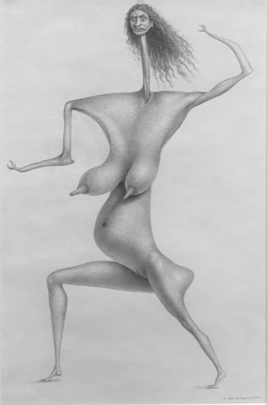 TnT - Figure nue surréaliste, drapée en graphite fin, mate et encadrée