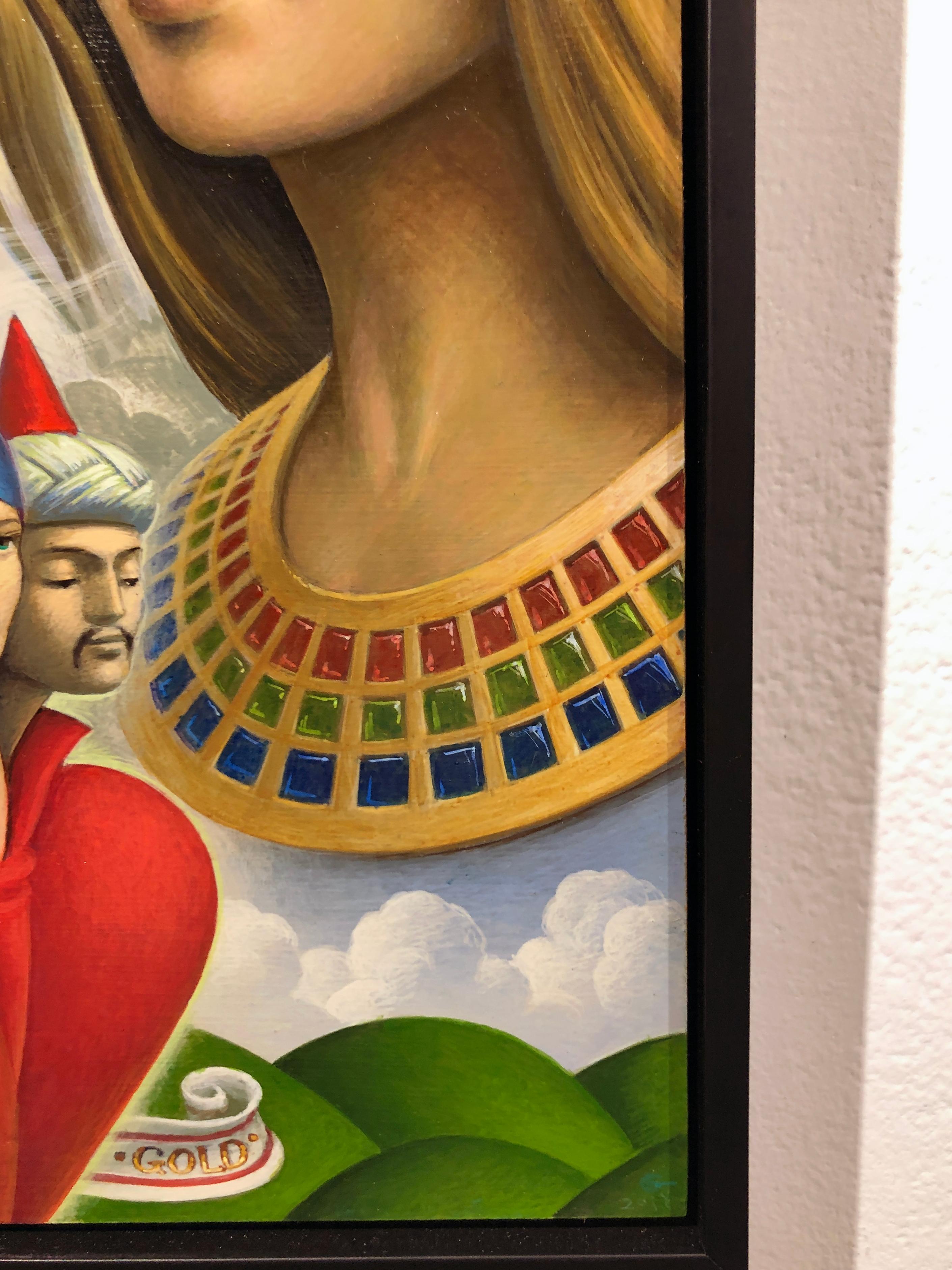 Despertar en Gordia - Muy detallado, surrealista y simbólico, acrílico sobre panel - Portrait Painting Gris de Oliver Hazard Benson