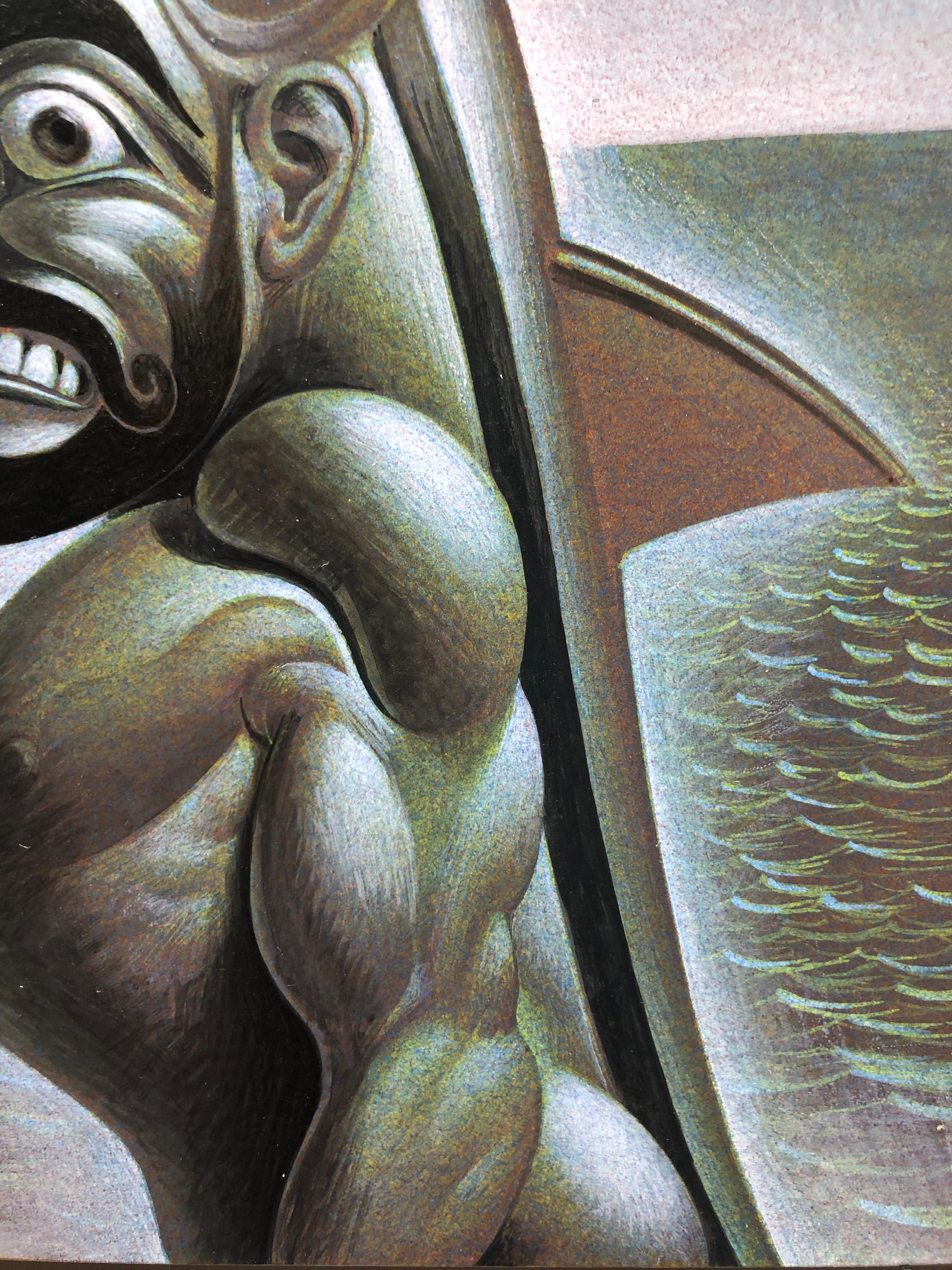 Dagon Calapesce, Figura simbólica masculina guerrera rodeada de agua, Acrílico/Panel en venta 9