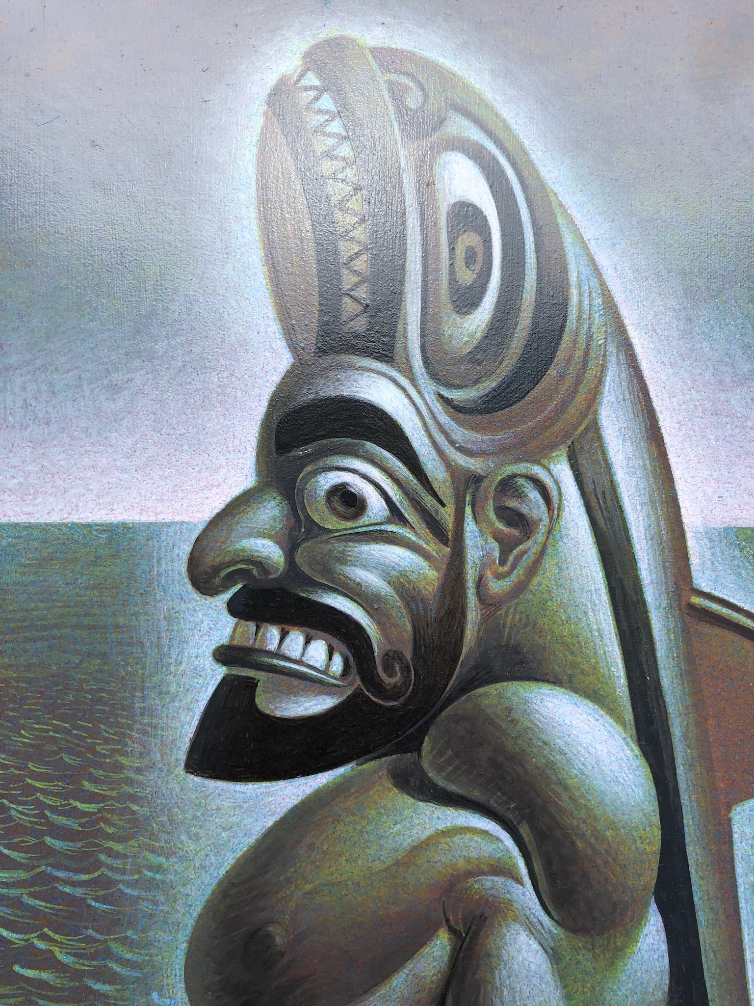 Dagon Calapesce, Symbolic Male Warrior Figure Surrounded by Water, Acrylic/Panel - Painting by Oliver Hazard Benson