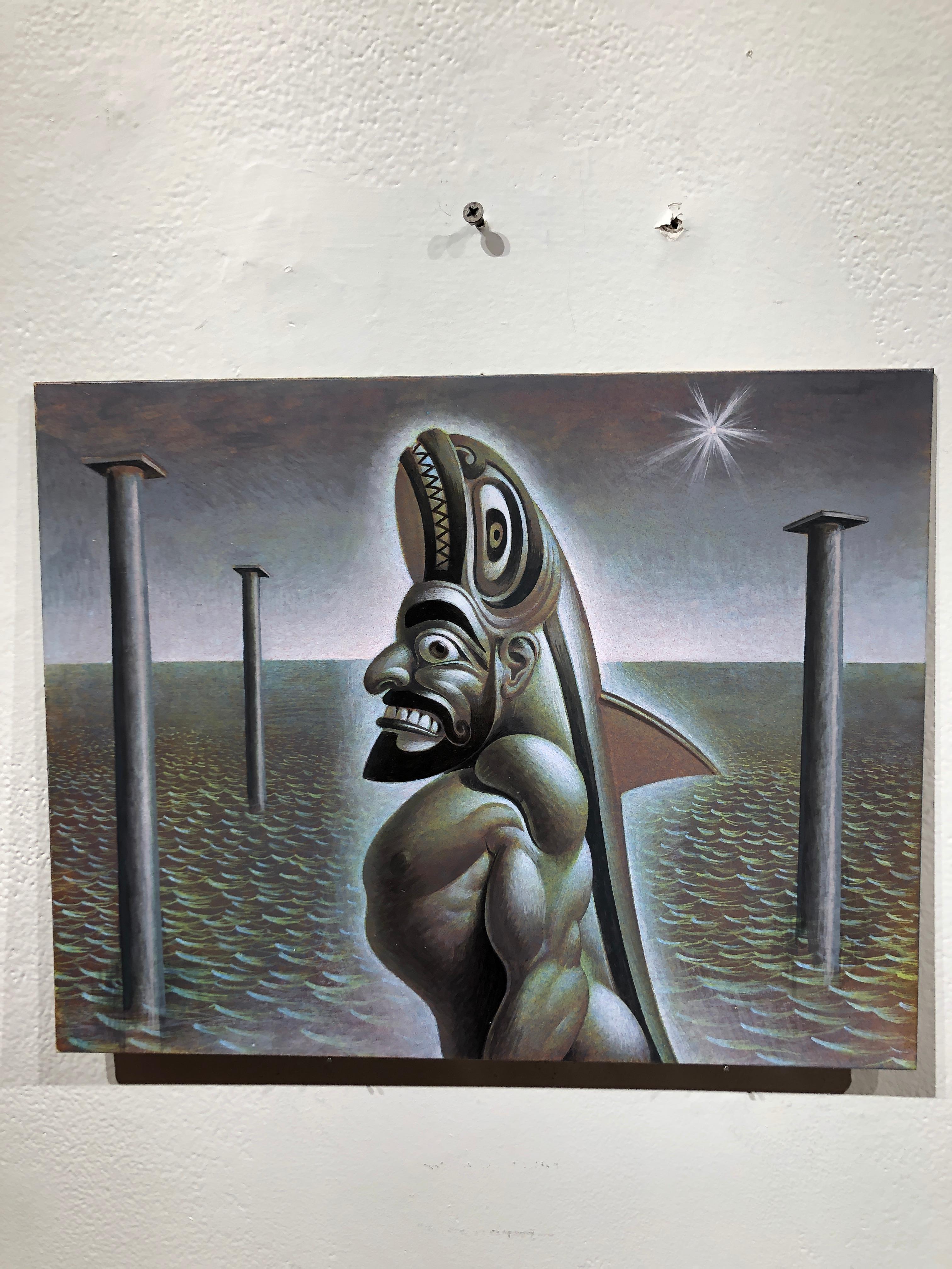 Dagon Calapesce, Symbolic Male Warrior Figure Surrounded by Water, Acrylic/Panel - Surrealist Painting by Oliver Hazard Benson