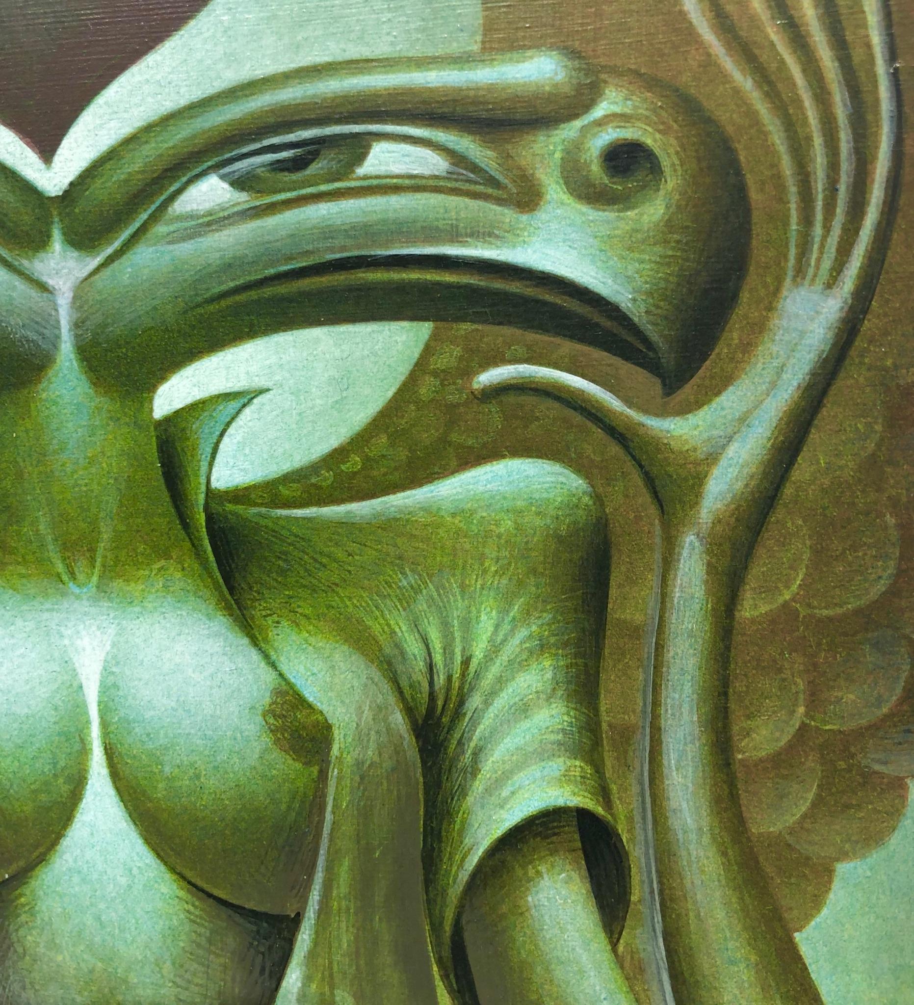 Danubia, Symbolisches Gemälde einer zweiköpfigen Göttin im weiblichen Akt in grünen Sepiatönen – Painting von Oliver Hazard Benson