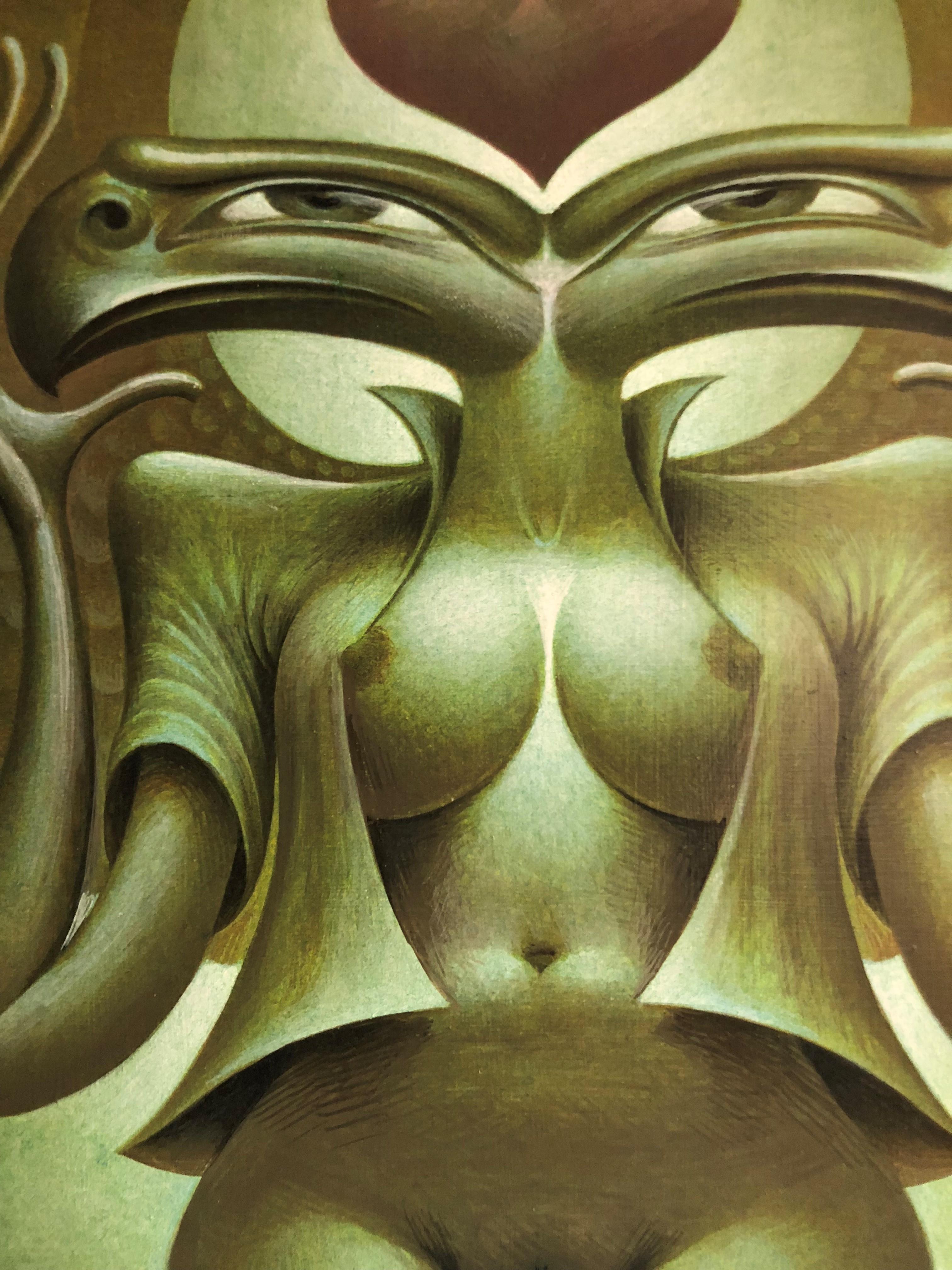 Danubia, peinture symbolique d'un nu féminin à deux têtes de déesses, tons verts Sepia - Surréalisme Painting par Oliver Hazard Benson