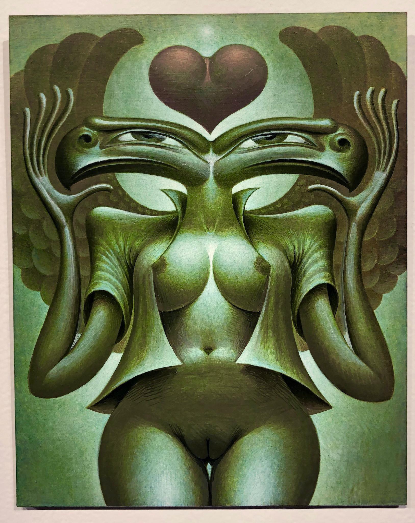 Oliver Hazard Benson Nude Painting - Danubia, Symbolic Painting of Two Headed Goddess Female Nude, Green Sepia Tones