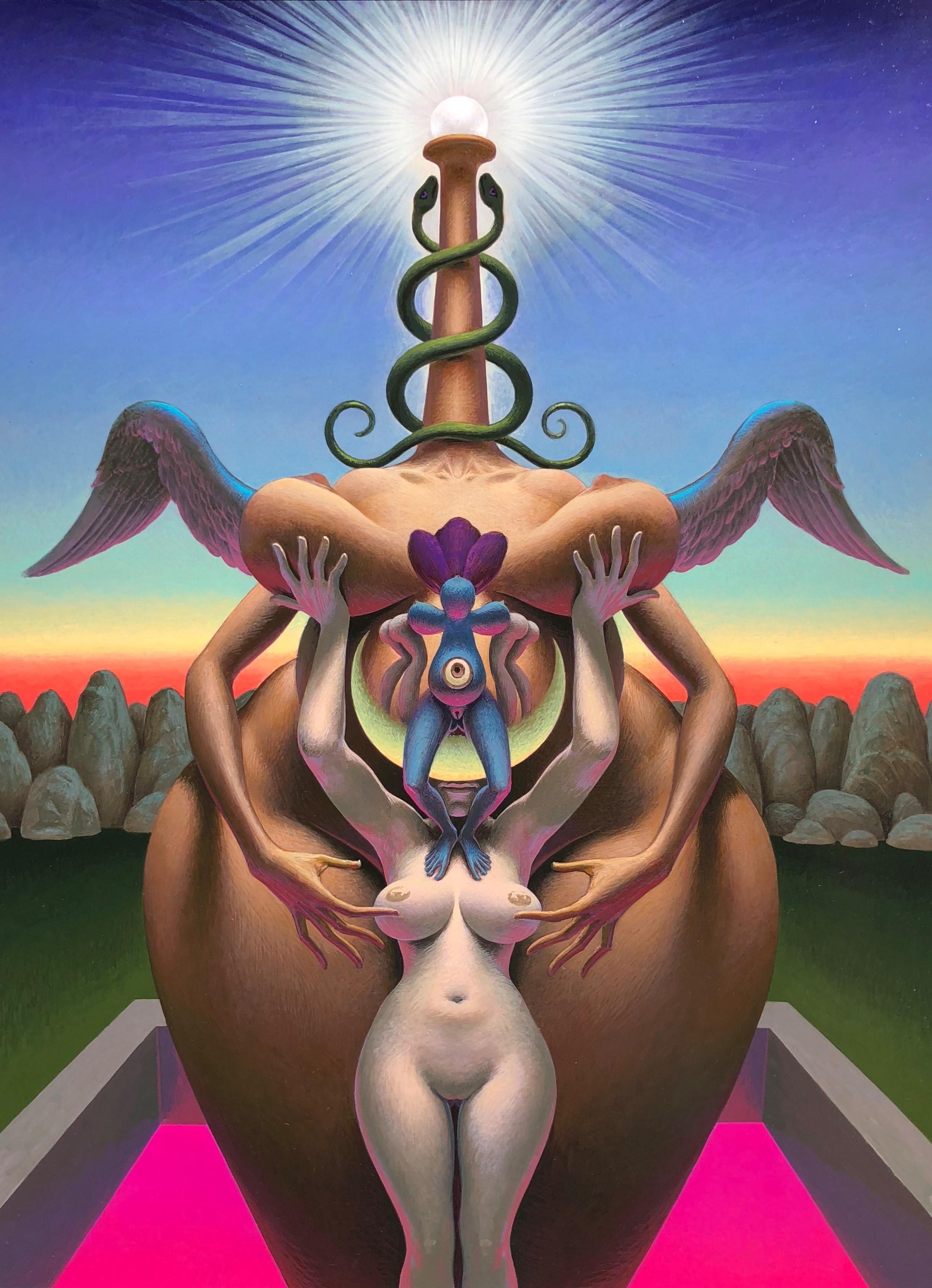 Oliver Hazard Benson Nude Painting – Rückkehr der Göttin - Originalgemälde einer surrealen, symbolischen Göttinfigur