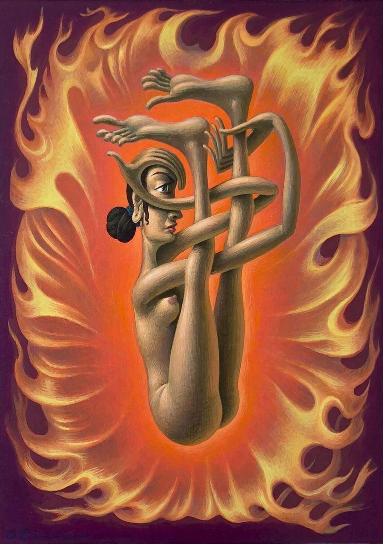 Oliver Hazard Benson Figurative Painting - Shakti Dysnomia - Hindu Goddess in Quite Difficult Yoga Pose on Flame Background