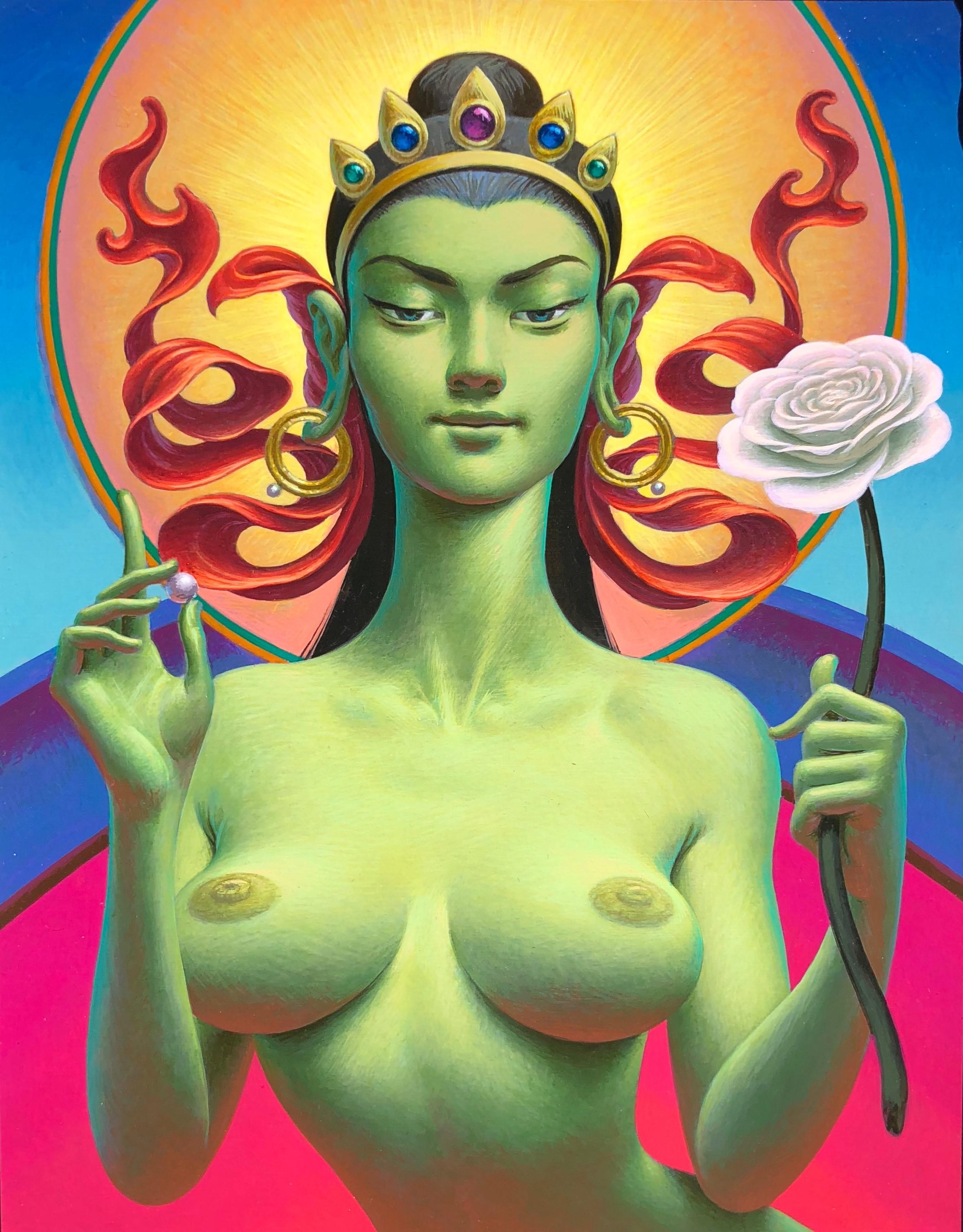 Tara - Highly Detailed Erotic, Symbolic, Surreal Painting - Woman, Pearl, Flower