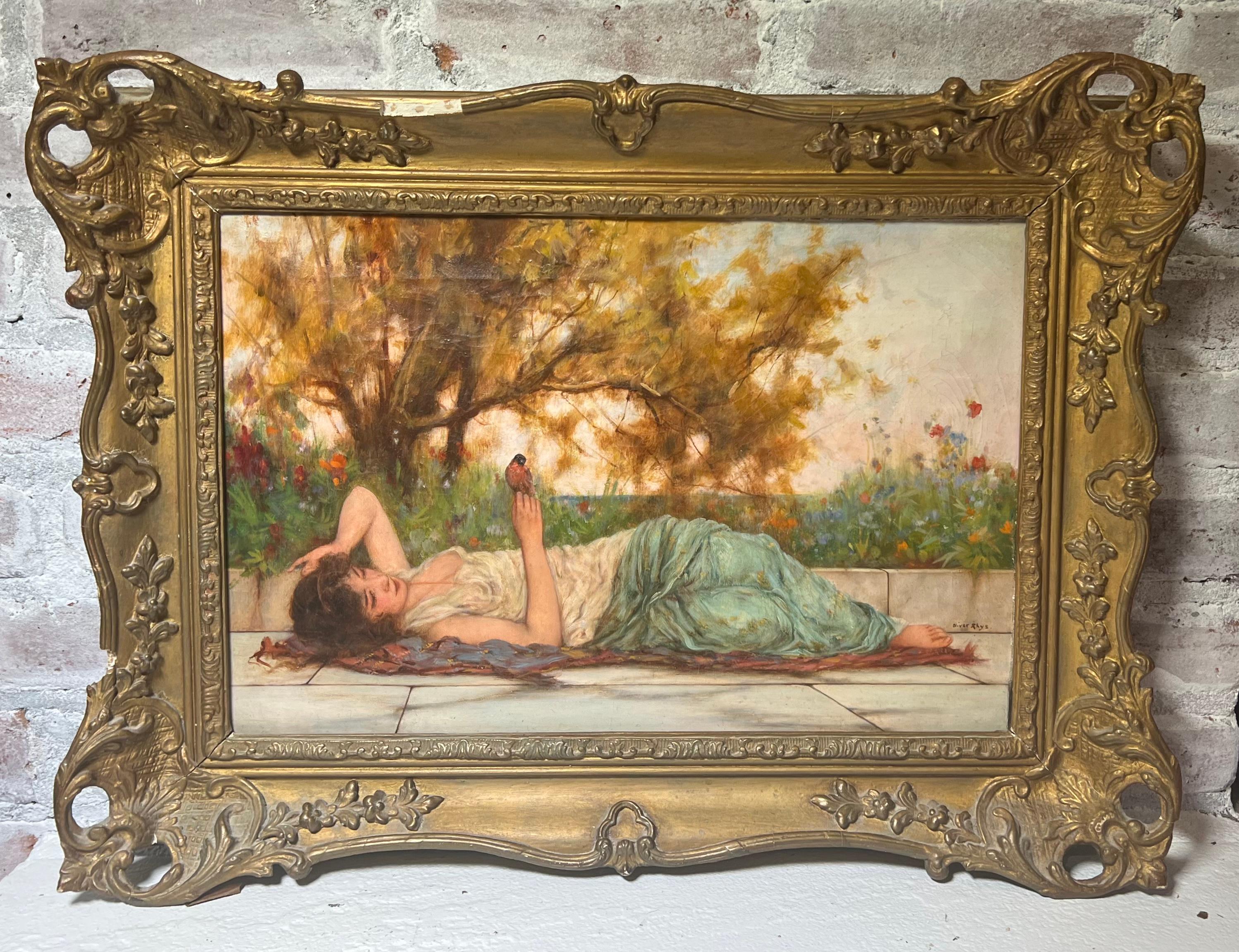 Pre-Raphealite Neoclassical Reclining GRECIAN Girl holding a BIRD - Painting by Oliver Rhys