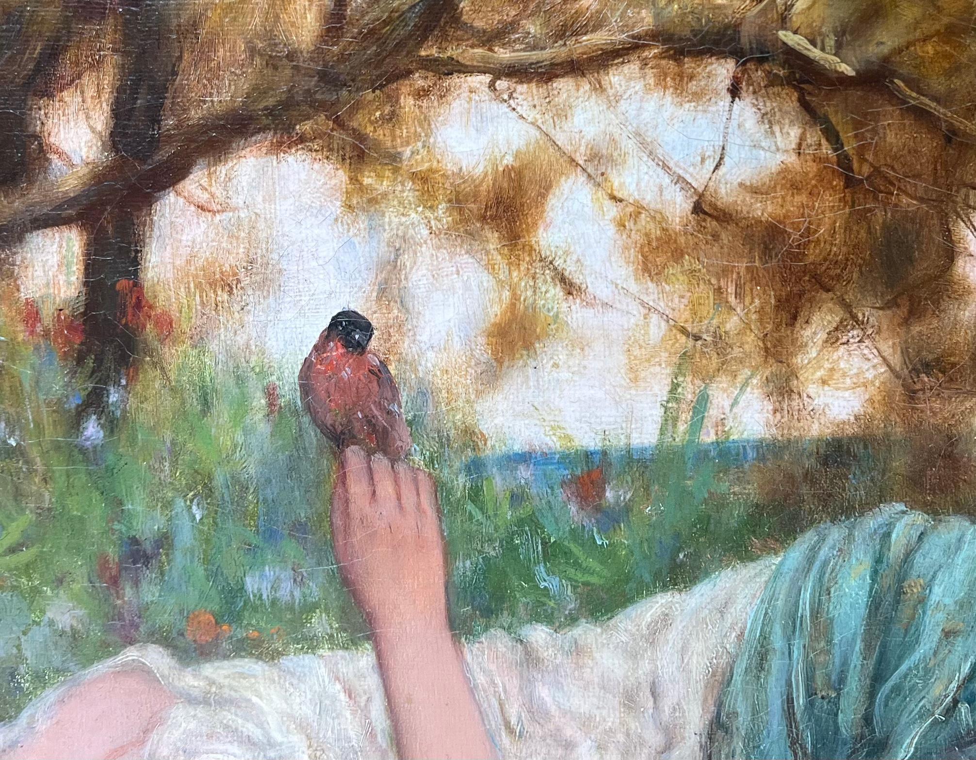 Neoklassizistisches liegendes GRECIANisches Mädchen mit BIRD aus Vorraphealit, das eine BIRD hält (Akademisch), Painting, von Oliver Rhys