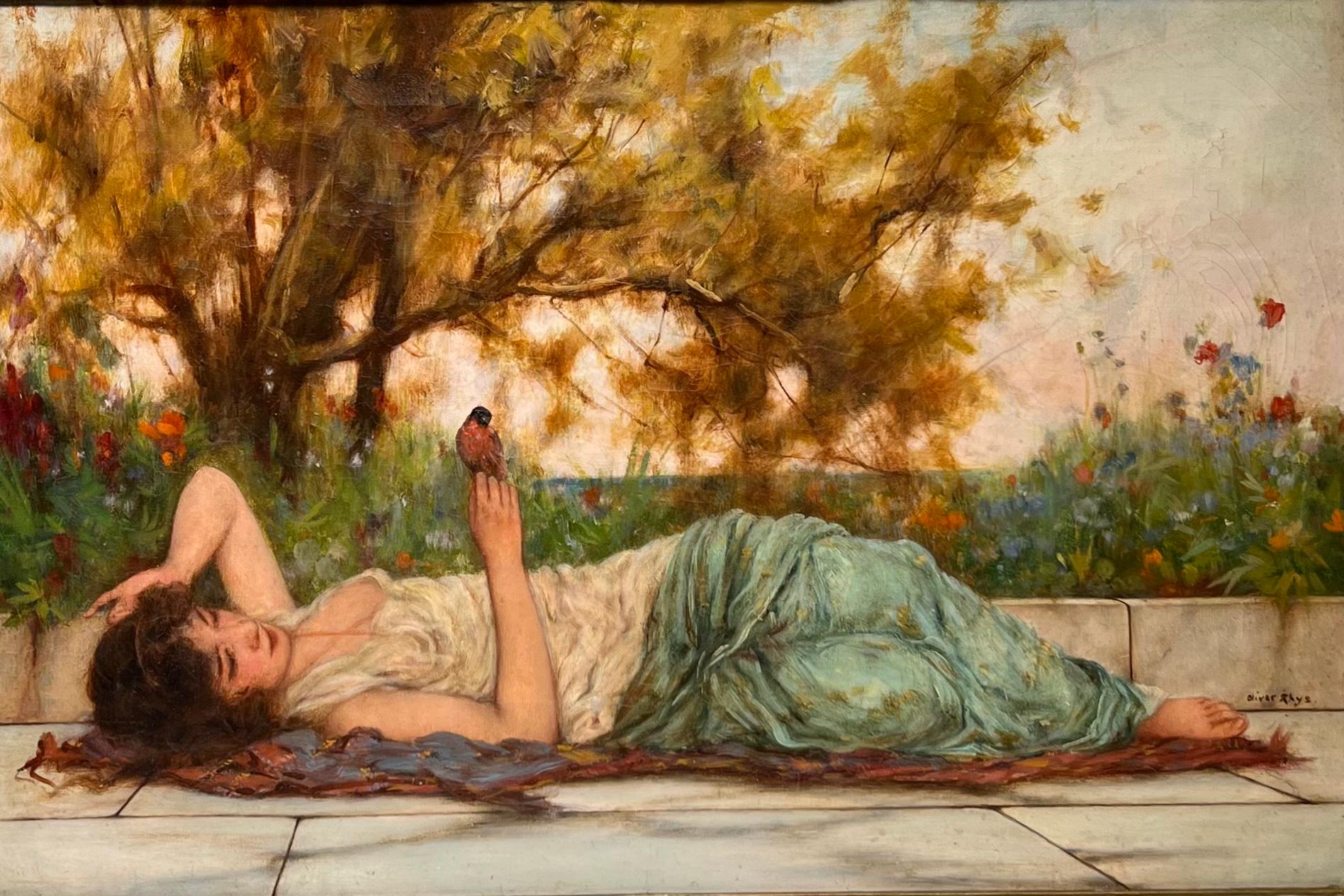 Oliver Rhys (1876-1893) was an important English 19th century Pre-Raphealite Academic painter known for paintings of Grecian woman.

His paintings have sold in sothebys and Christie’s well Over $30,000.

The painting for sale depicts a Grecian woman