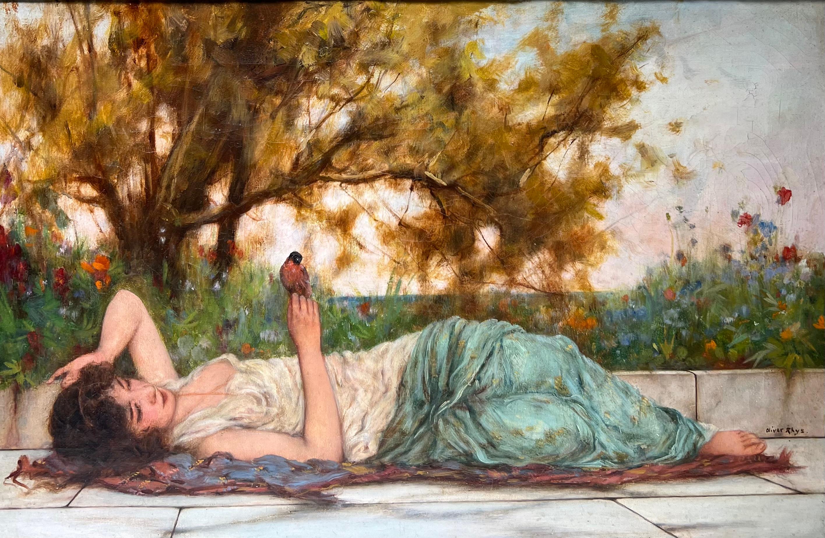 Oliver Rhys Figurative Painting - Pre-Raphealite Neoclassical Reclining GRECIAN Girl holding a BIRD