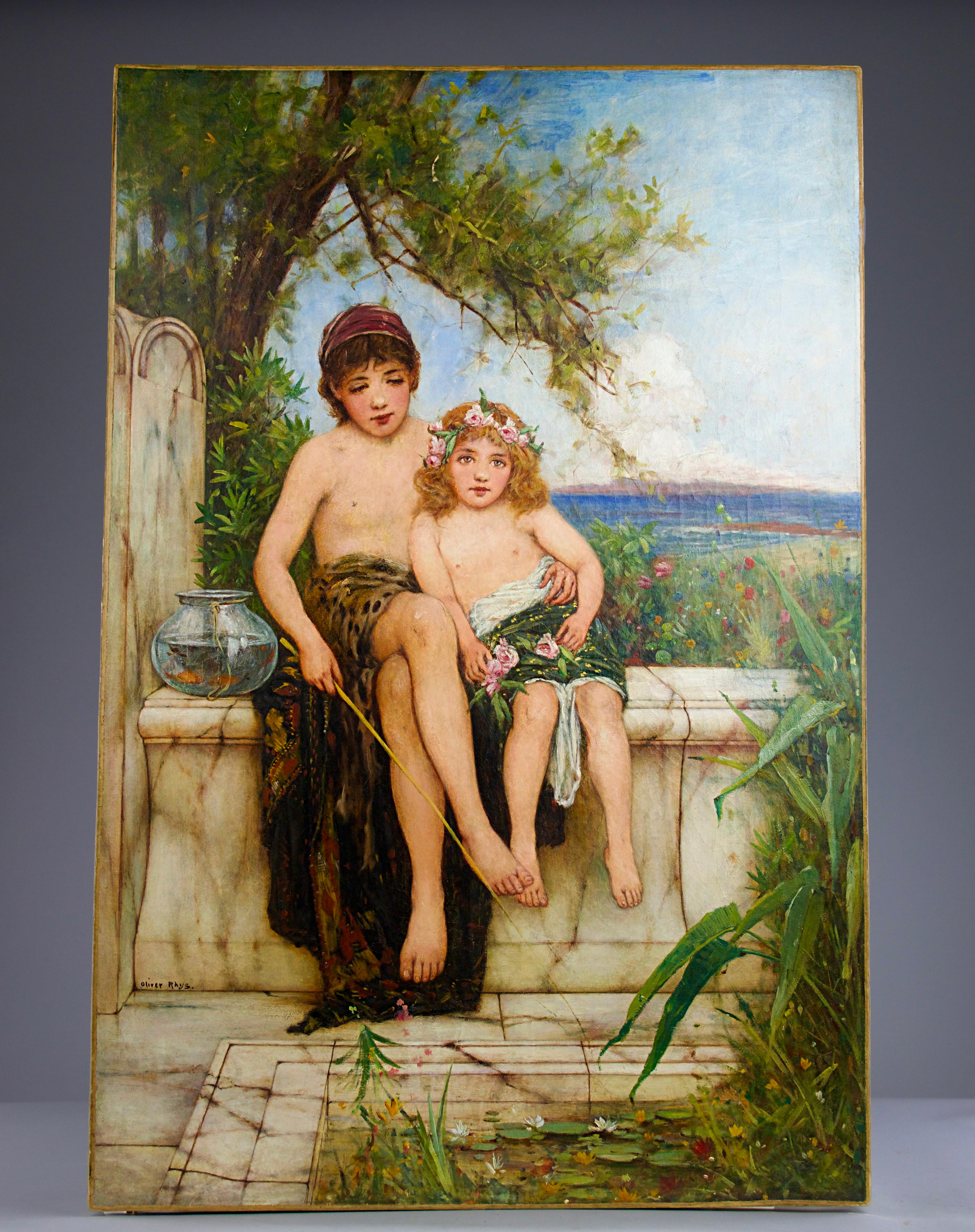 Superb oil painting by Oliver Rhys (1854-1907), signed and titled 'A Cool Corner'. Representation of two children sitting on a ledge with a Mediterranean backdrop.

Excellent condition. Professional restaurations. 

Dimensions in cm ( H x L x l ) :