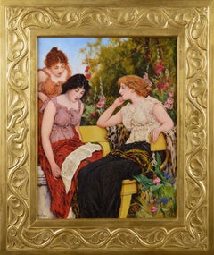 Genre oil painting of three classically dressed women in a garden