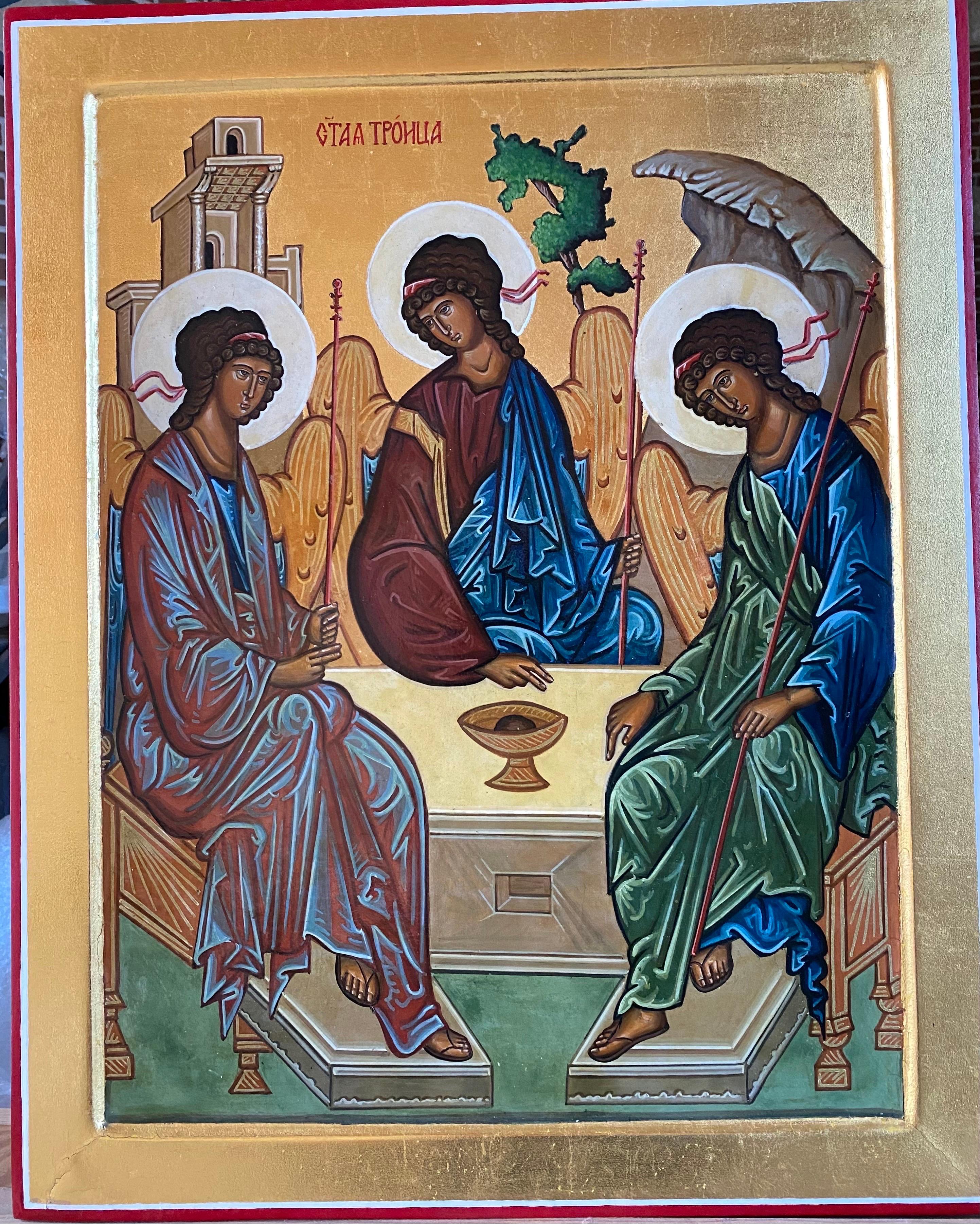 The Holy Trinity, after an icon by Russian painter Andrei Rublev (15th century) - Painting by Oliver Samsinger