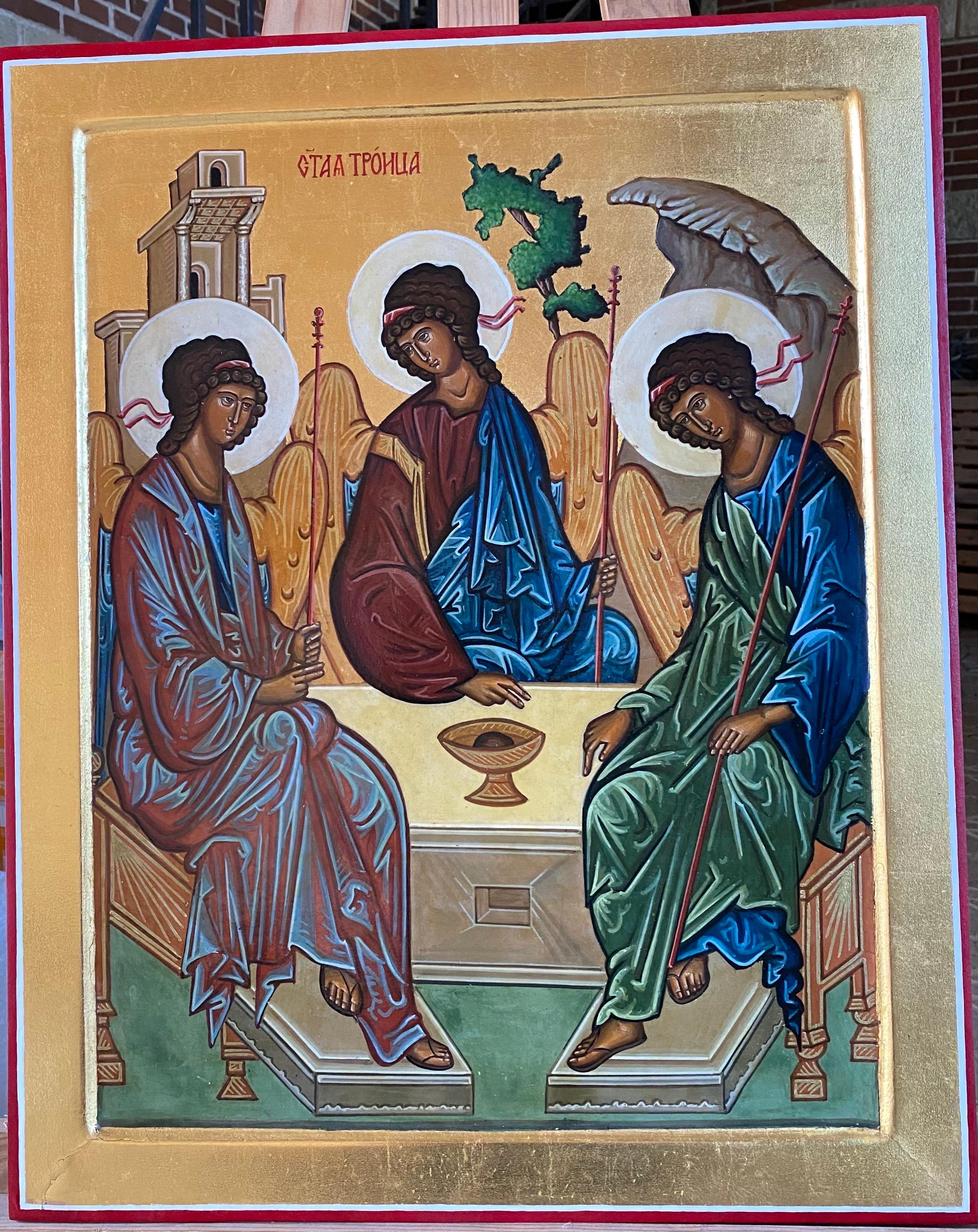 Oliver Samsinger Figurative Painting - The Holy Trinity, after an icon by Russian painter Andrei Rublev (15th century)