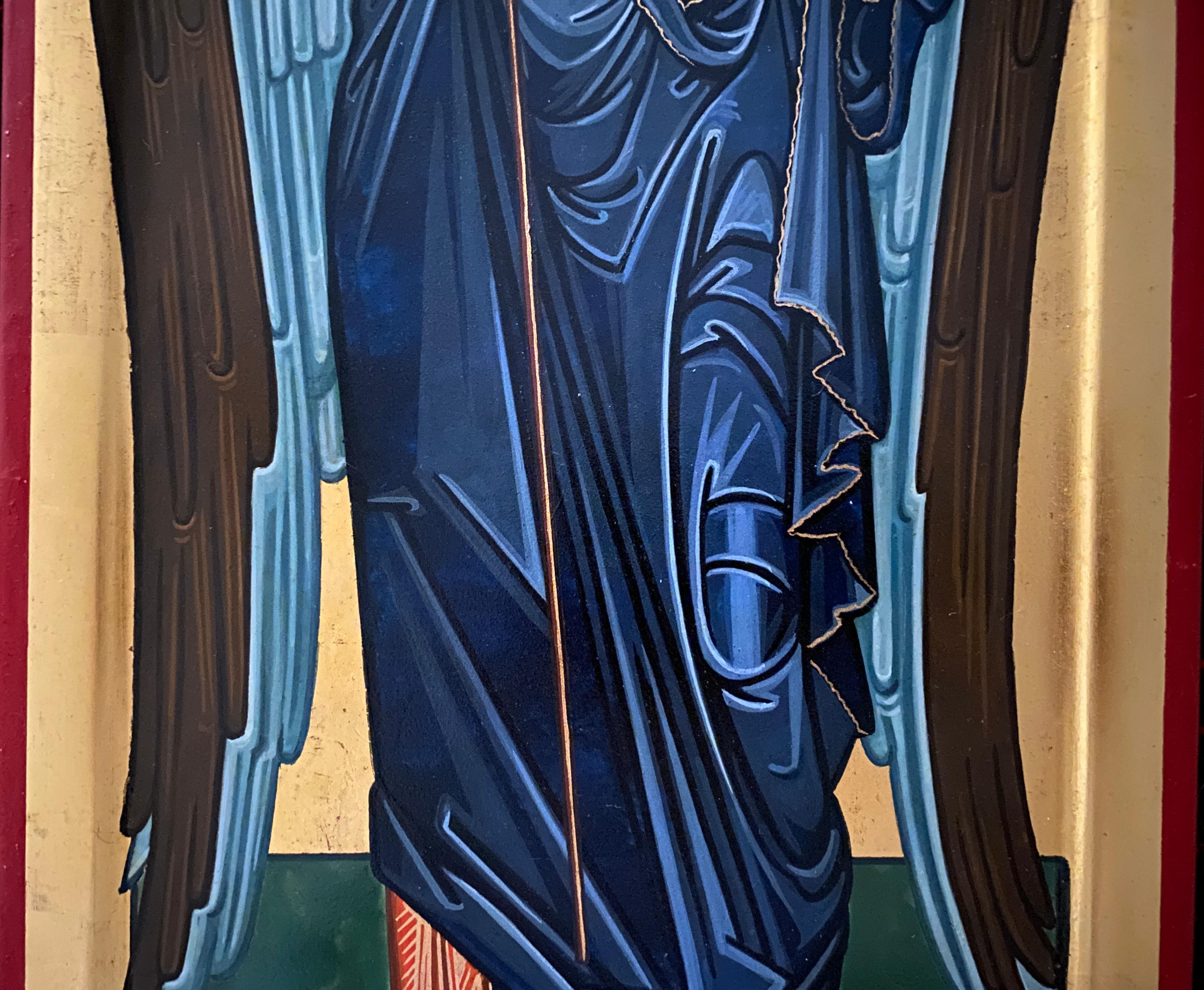 Archangel Saint Michael after an icon from Constantinople of the 14th Century.
Artist: Oliver Samsinger
Technique: Egg tempera on gesso and wood, with application of gold leaf
Dimensions: 65 x 29 x 4.5 cm; In inches 25.2 x 11.42 x 1.77
Support: 4.5