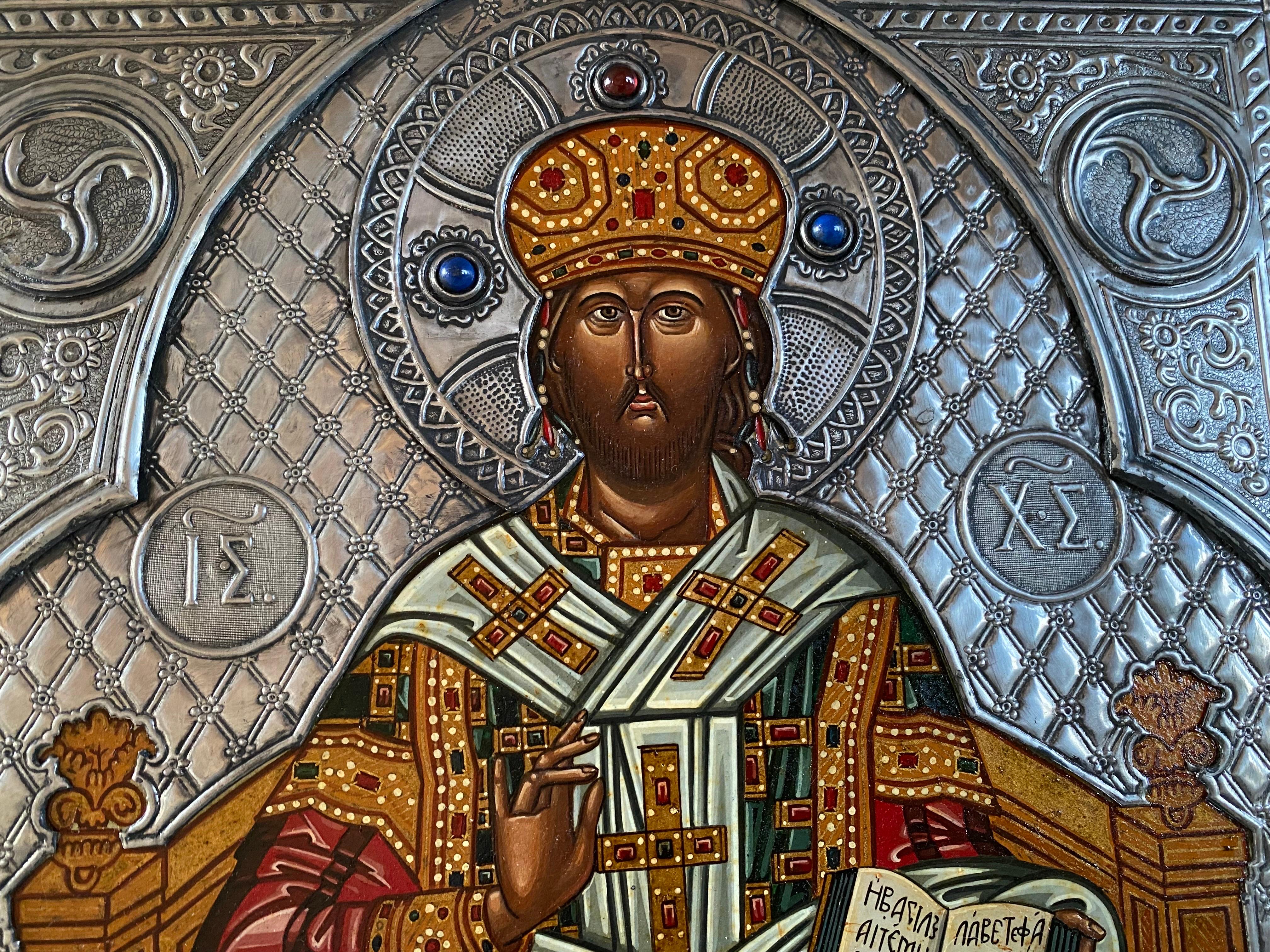 Christ, der Große Hohe Priester. Griechisch-italienisches Ikon mit silbernem Oklad im Angebot 5