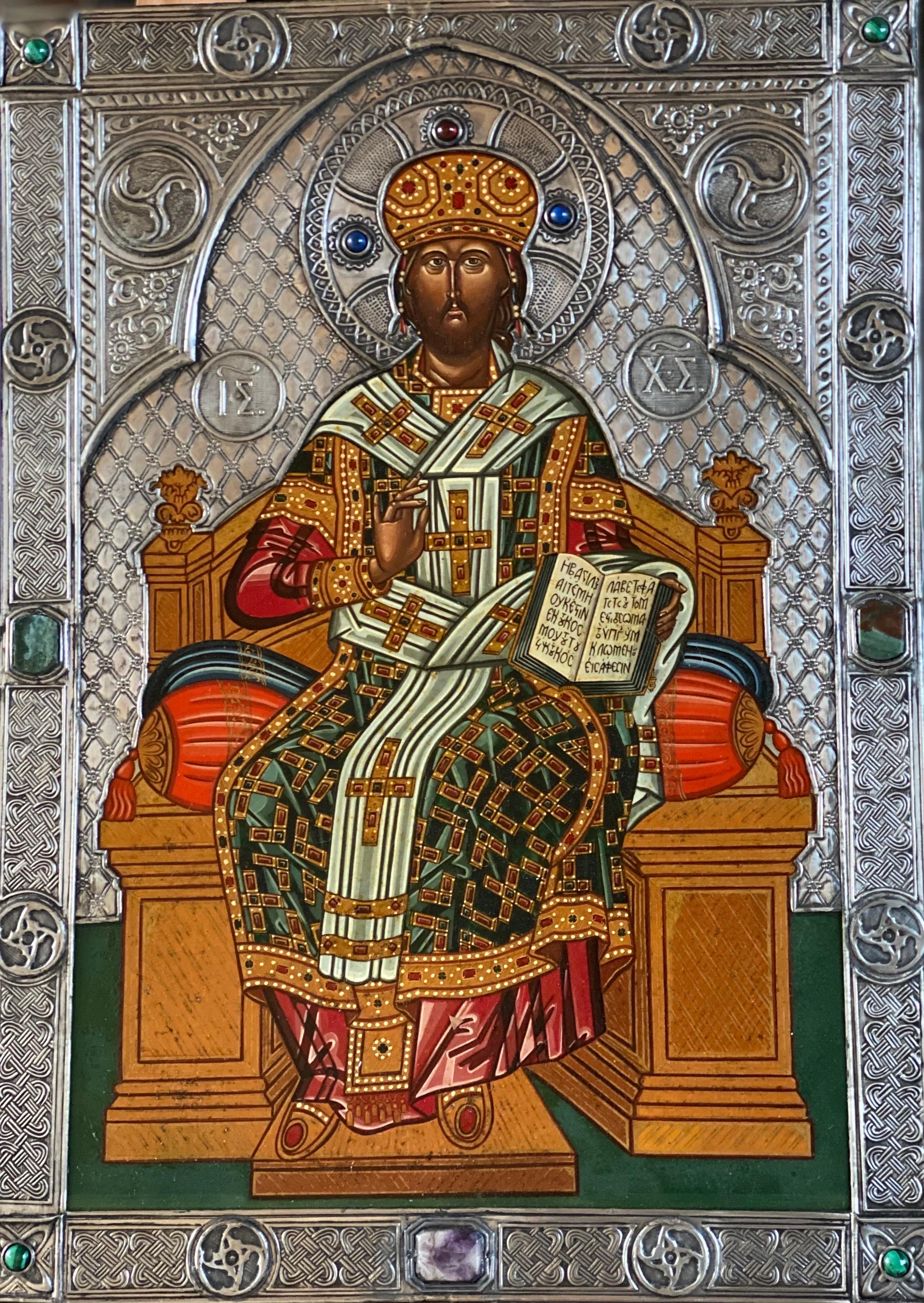 Christ, the Great High Priest. Greek-Italian style Icon with silver oklad - Painting by Oliver Samsinger