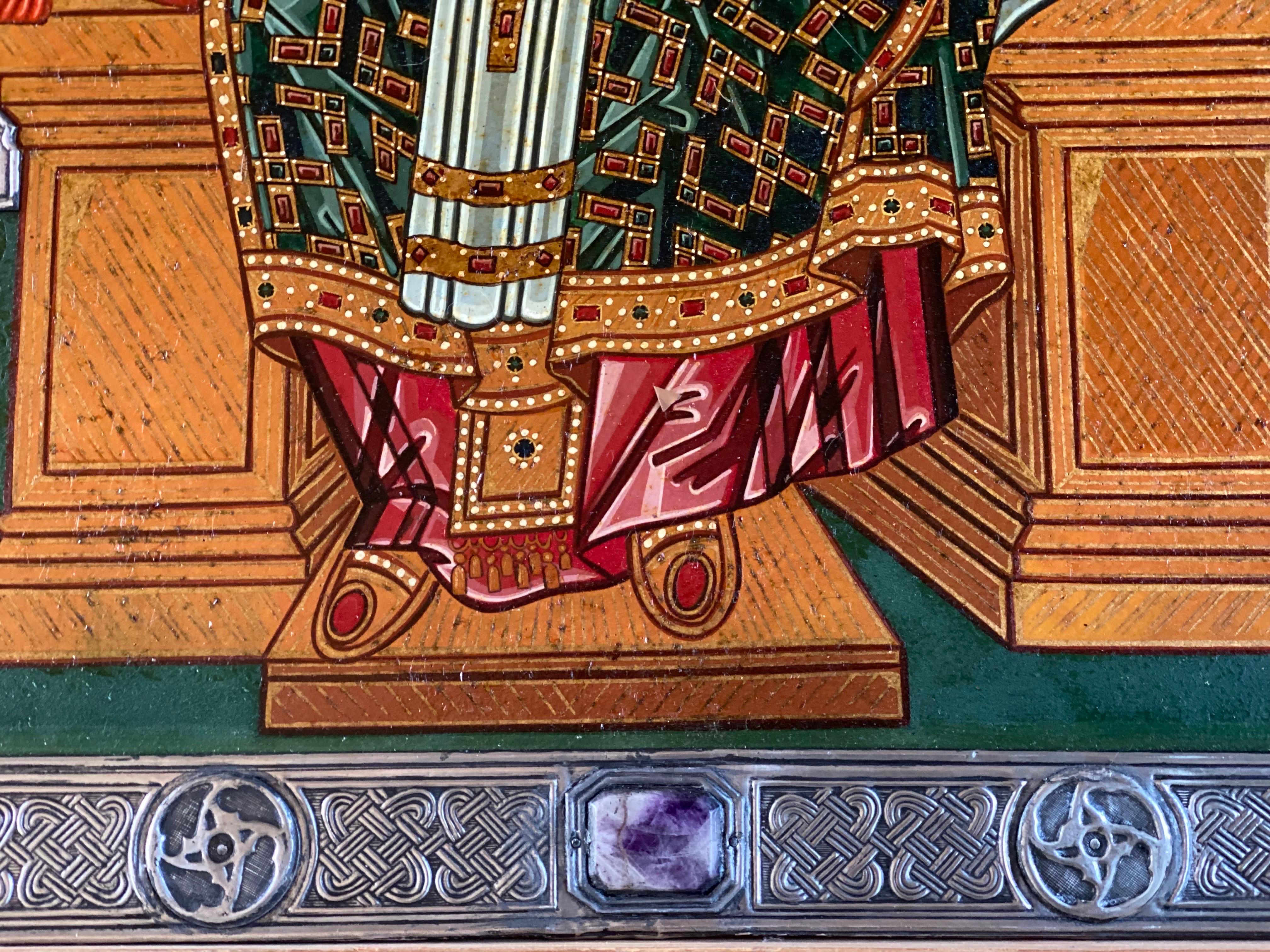 Christus, der Große Hohepriester. Ikone im griechisch-italienischen Stil mit silbernem filigranem Oklad.
Eitempera, über Gesso auf Holz mit einem silbernen Überzug, 