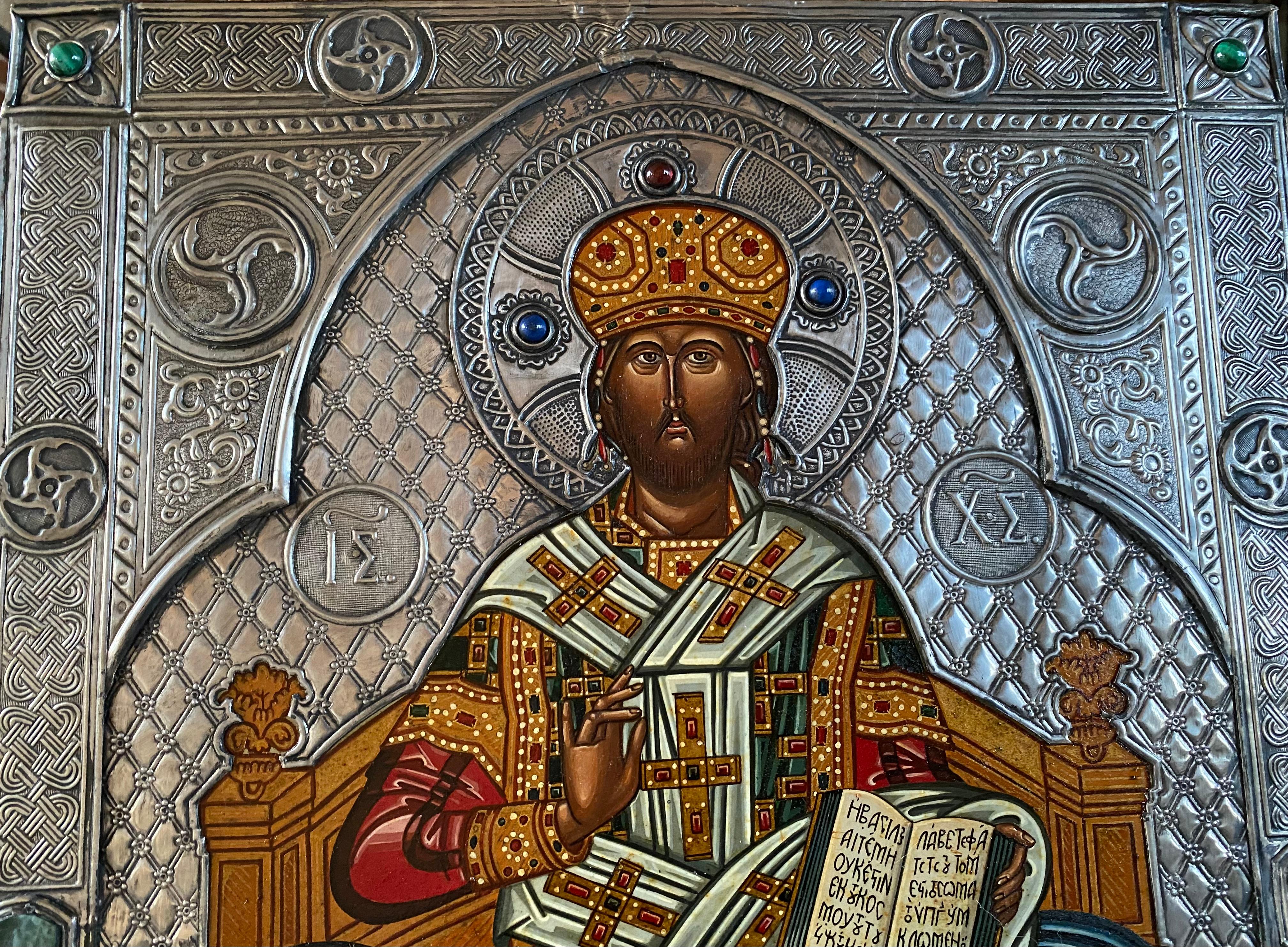Christ, der Große Hohe Priester. Griechisch-italienisches Ikon mit silbernem Oklad (Byzantinisch), Painting, von Oliver Samsinger