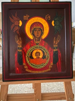 Byzantine Icon "Virgin of the Sign" (Orans) with Child Emmanuel & Cherubim