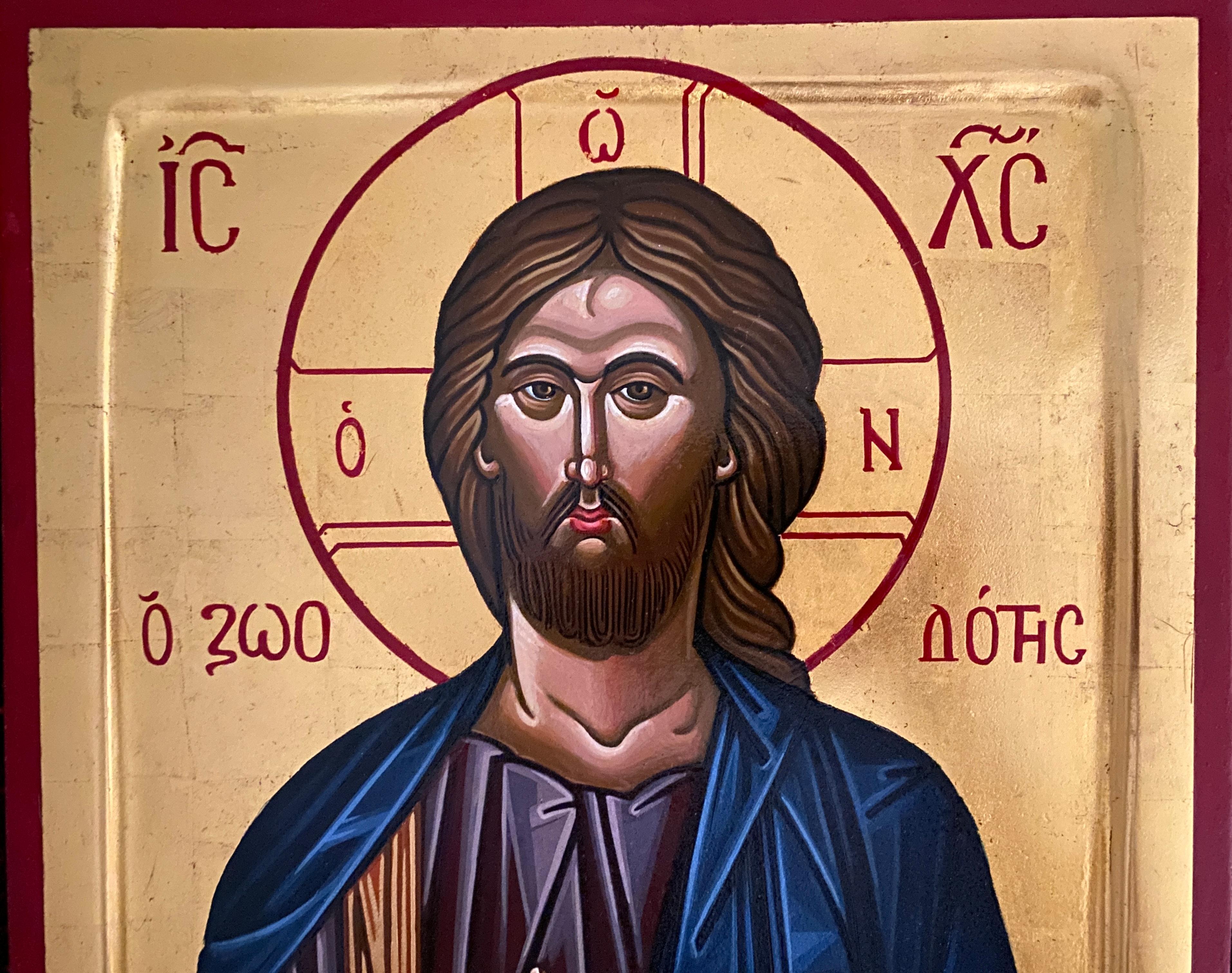 Christ Pantocrator (Closed Book) – Byzantine Icon, Egg Tempera & 24K Gold - Painting by Oliver Samsinger