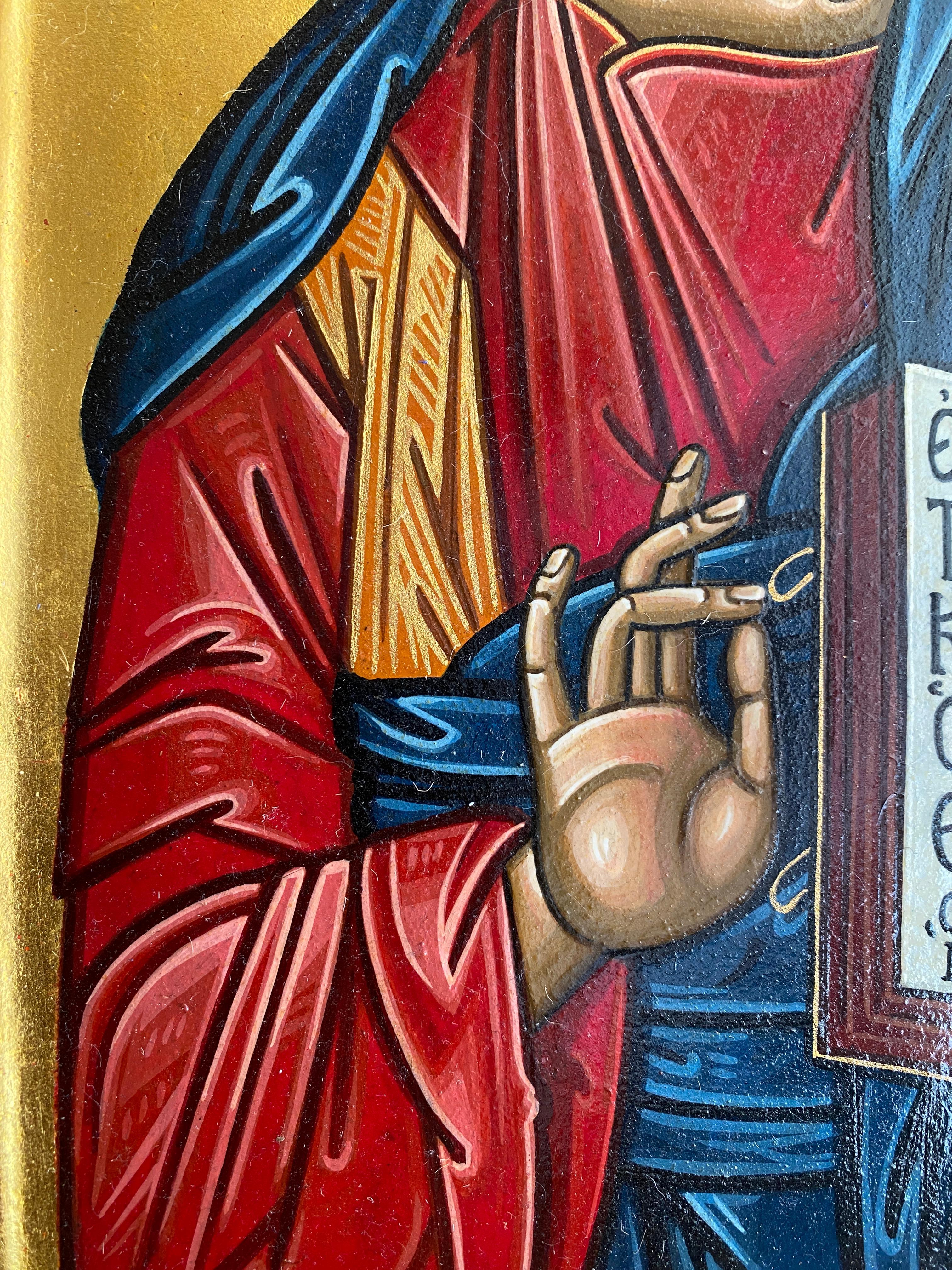 Christ Pantocrator (Open Book)

Artist: Oliver Samsinger.
Technique: Egg tempera on gesso and wood, with 24‑karat gold leaf.
Dimensions: 43 × 29 × 3.5 cm.

Description of the Work
This Byzantine icon depicts Christ Pantocrator—“Ruler of All”—raising
