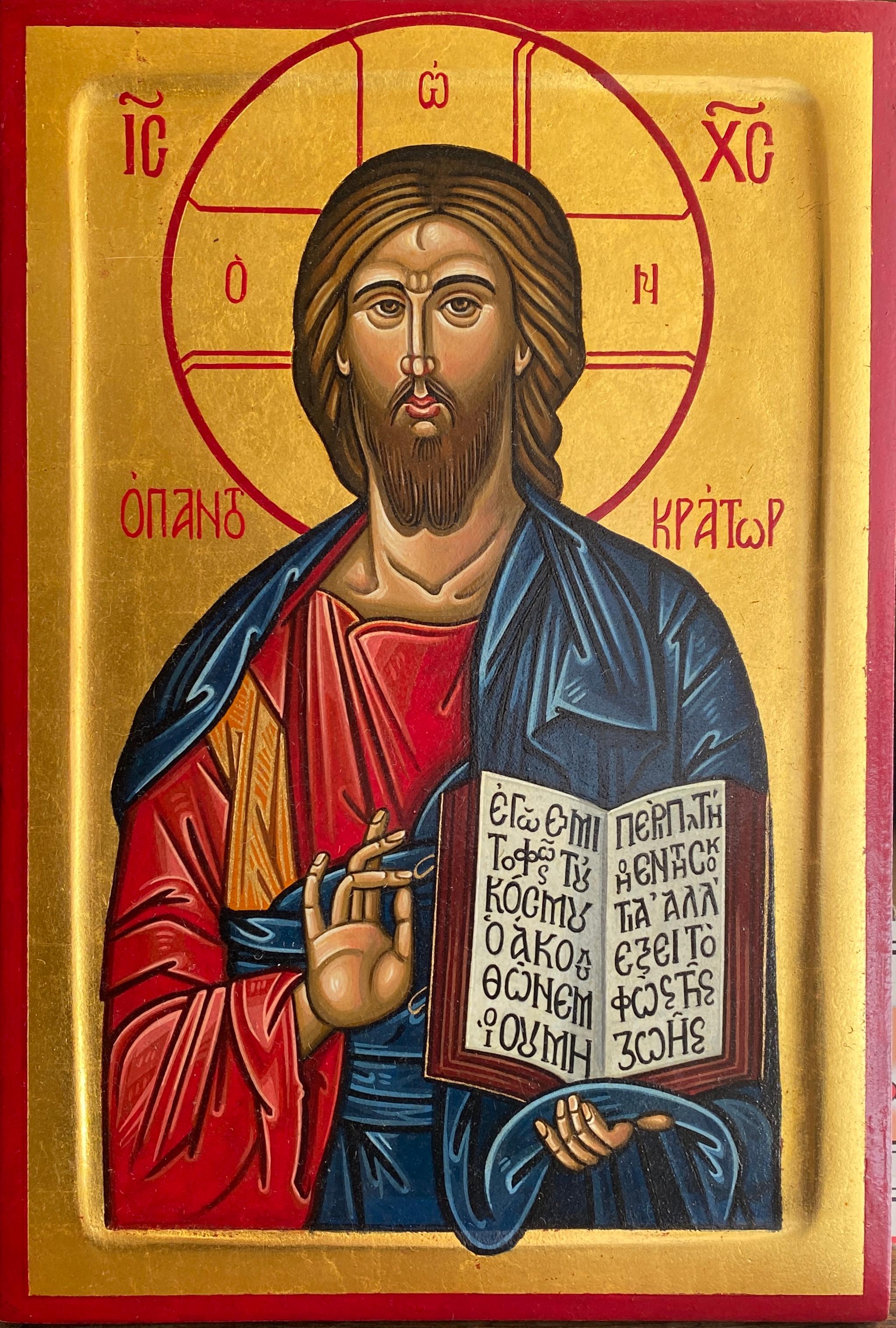 Oliver Samsinger Portrait Painting - Christ Pantocrator (Open Book) – Byzantine Icon, Egg Tempera & 24K Gold
