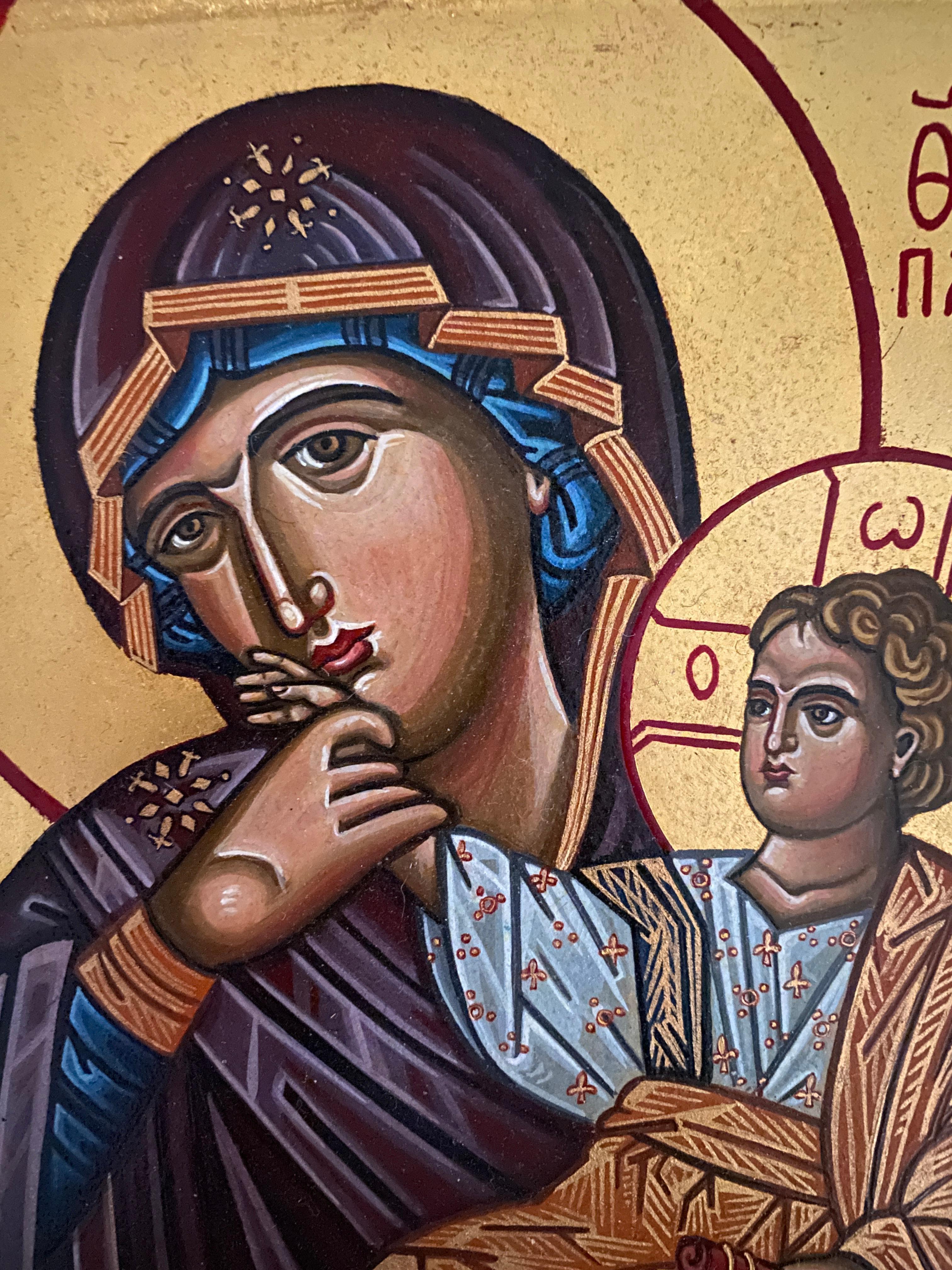 Panagia Paramythia Byzantine Style Icon, Egg Tempera on Wood, 24K Gold Leaf - Painting by Oliver Samsinger