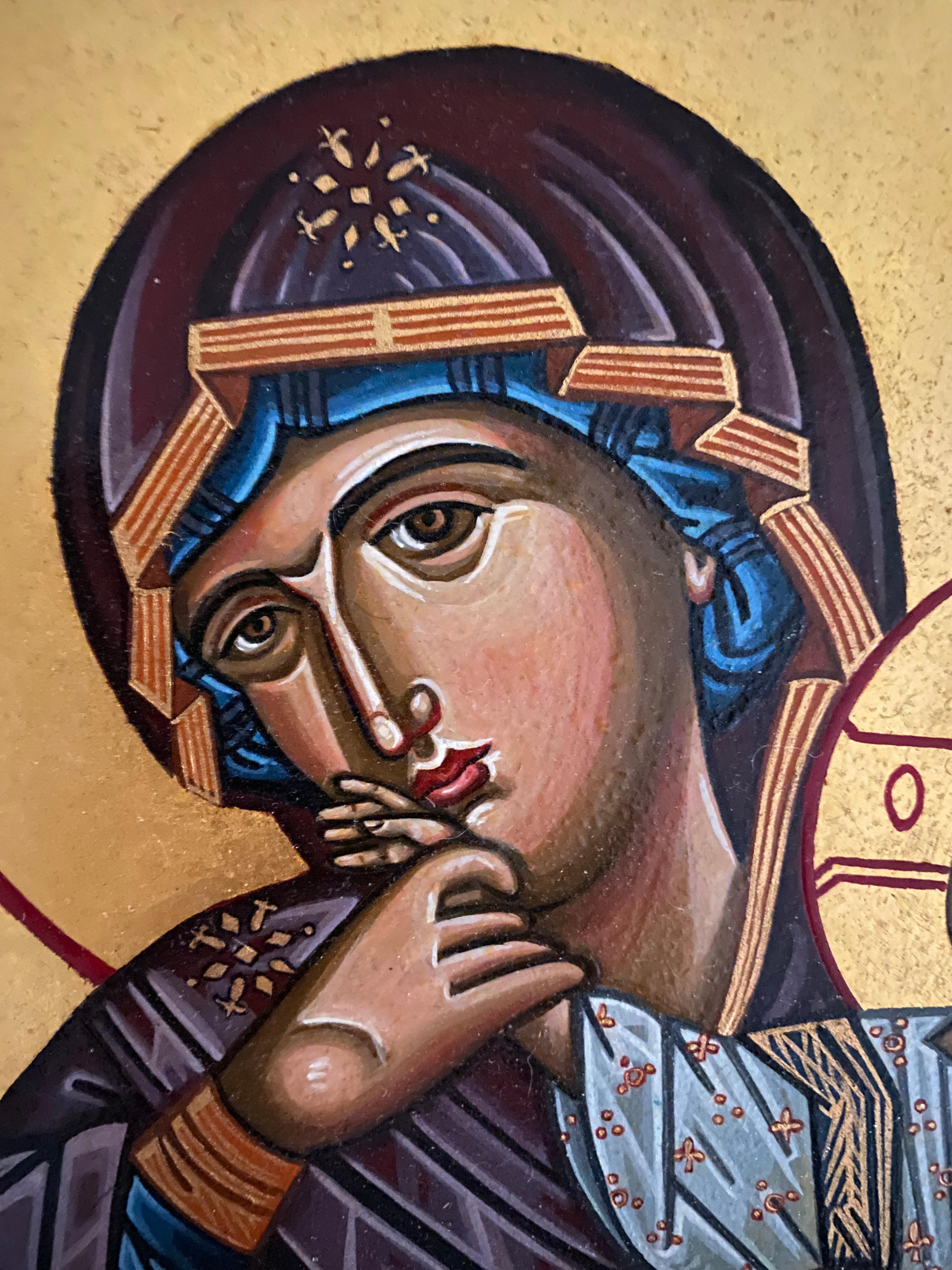Panagia Paramythia (Mother of Consolation)

Artist: Oliver Samsinger.
Technique: Egg tempera on gesso and wood, with 24‑karat gold leaf.
Dimensions: 37 × 31 × 2.5 cm.

Description of the Work
This Byzantine icon presents the Theotokos as Panagia