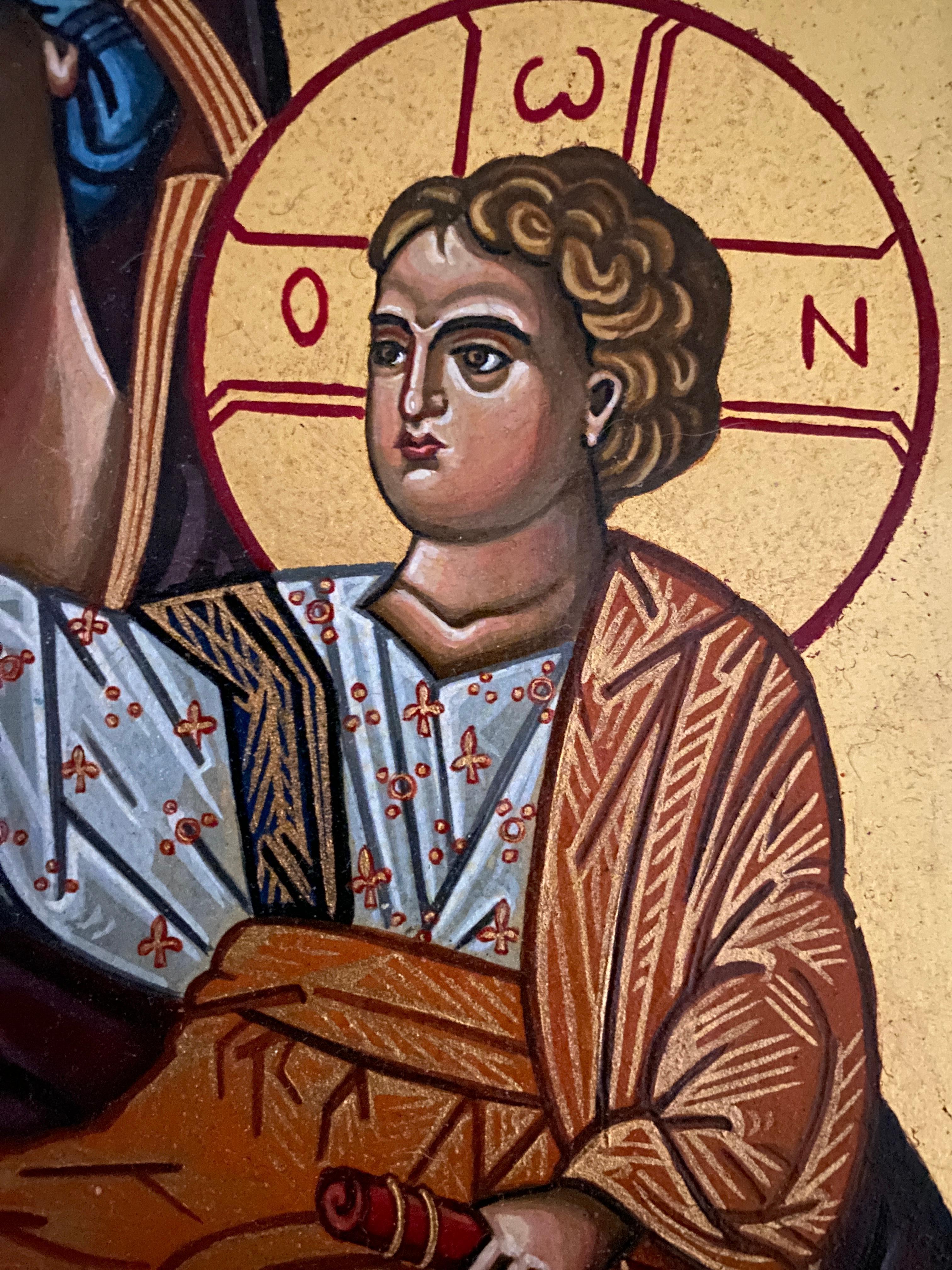 Panagia Paramythia Byzantine Style Icon, Egg Tempera on Wood, 24K Gold Leaf For Sale 1