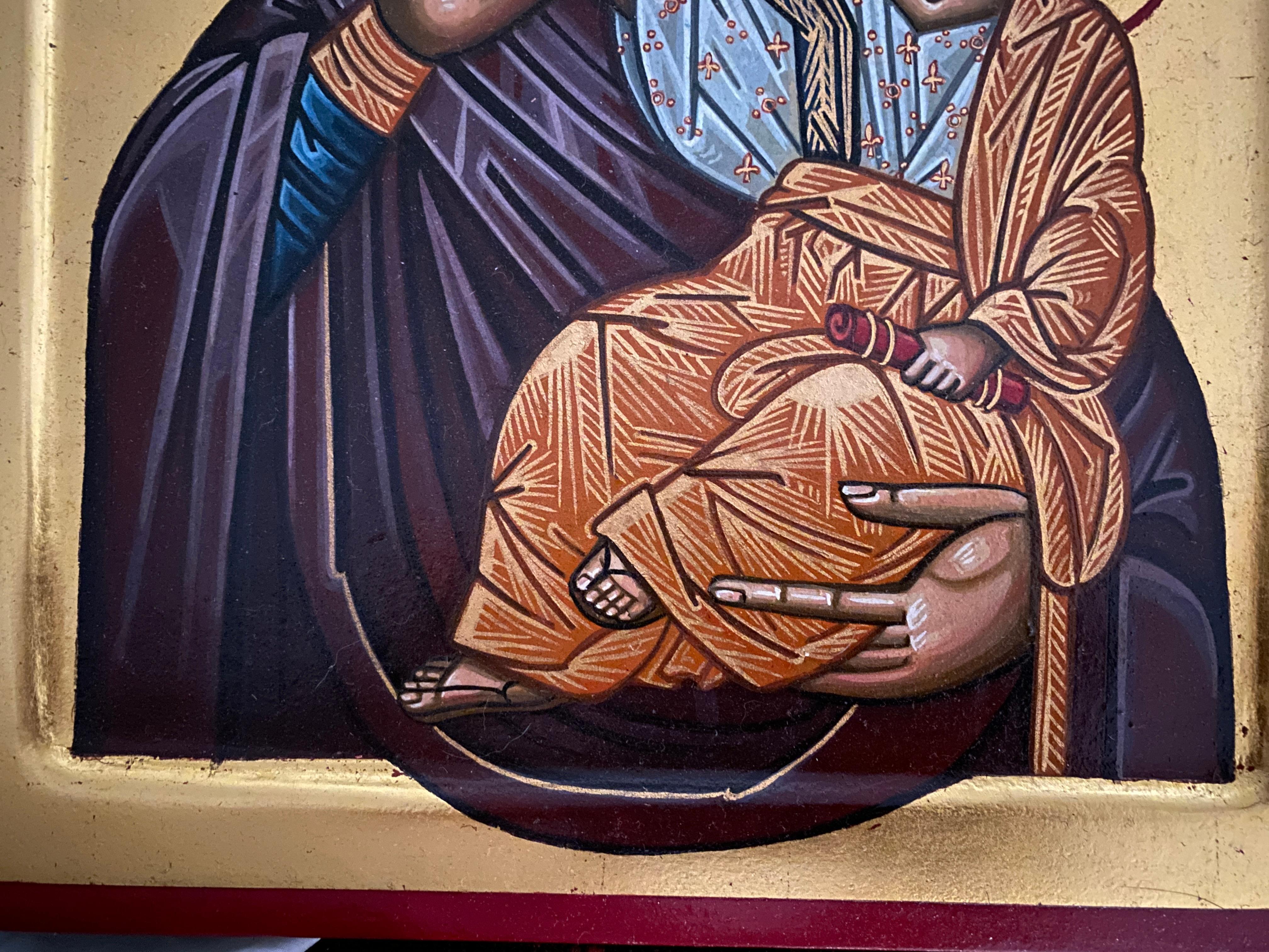 Panagia Paramythia Byzantine Style Icon, Egg Tempera on Wood, 24K Gold Leaf For Sale 2