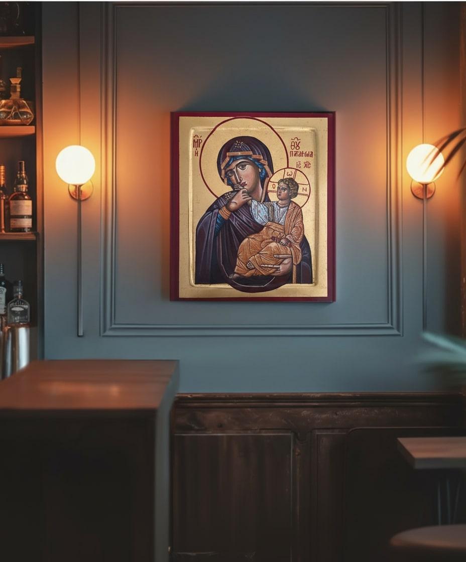 Panagia Paramythia Byzantine Style Icon, Egg Tempera on Wood, 24K Gold Leaf For Sale 4