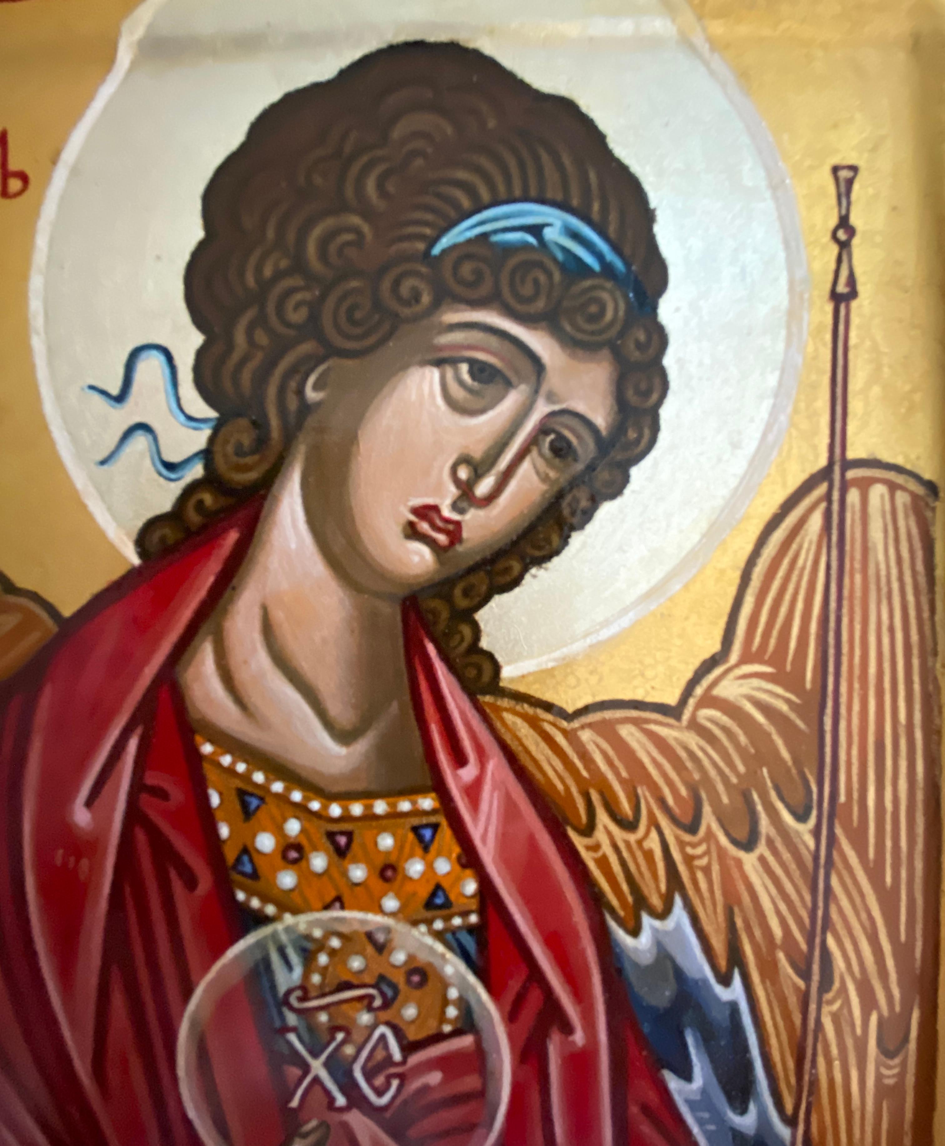 The Archangel Michael (after the one by Rubliev in the Tretyakov Gallery-Moscow) - Brown Figurative Painting by Oliver Samsinger