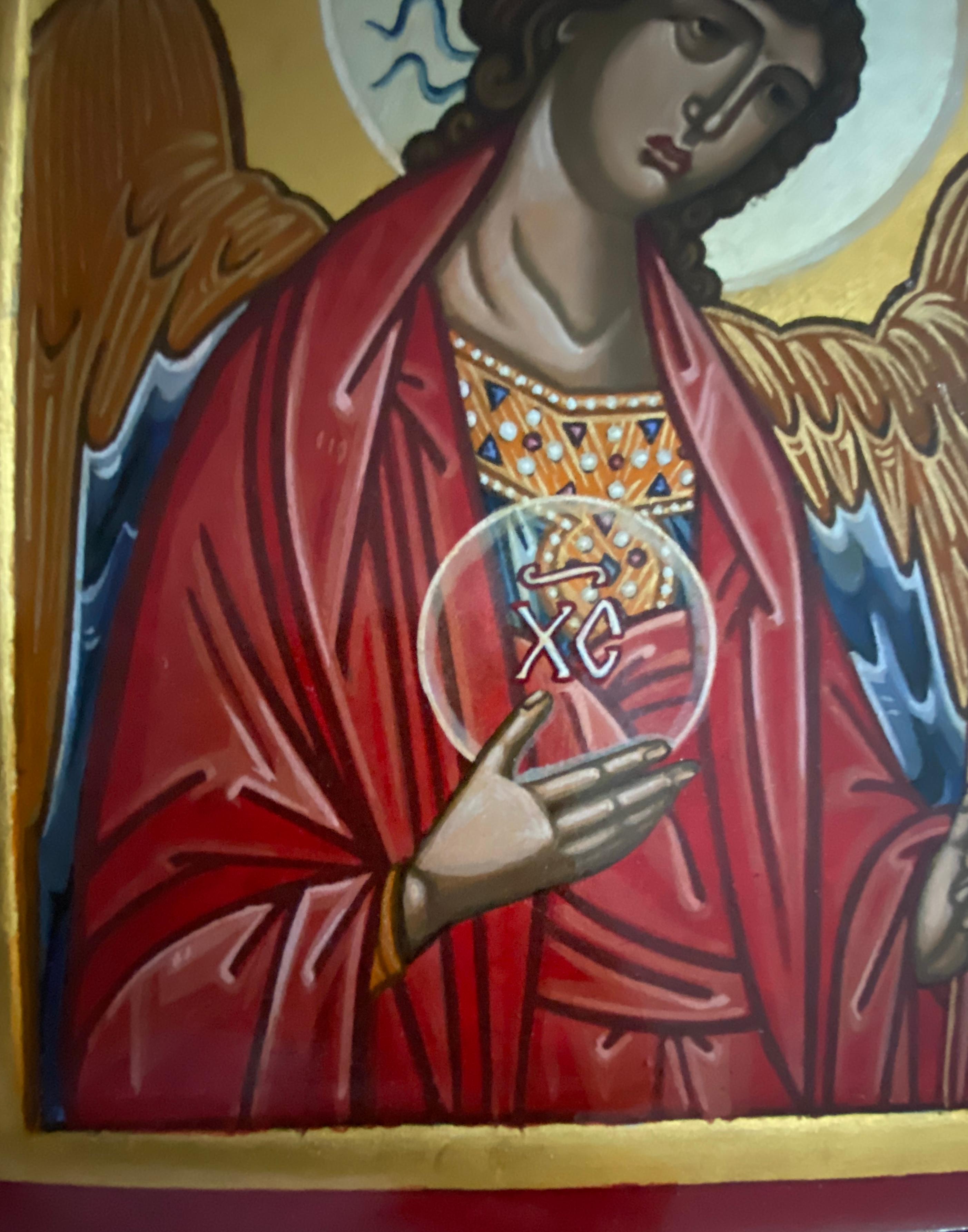The Archangel Michael (after the one by Rubliev in the Tretyakov Gallery-Moscow). This icon is an original work by the Viennese iconographer Oliver Samsinger. 
According to the artist, it is a very free interpretation of Archangel Michael, inspired