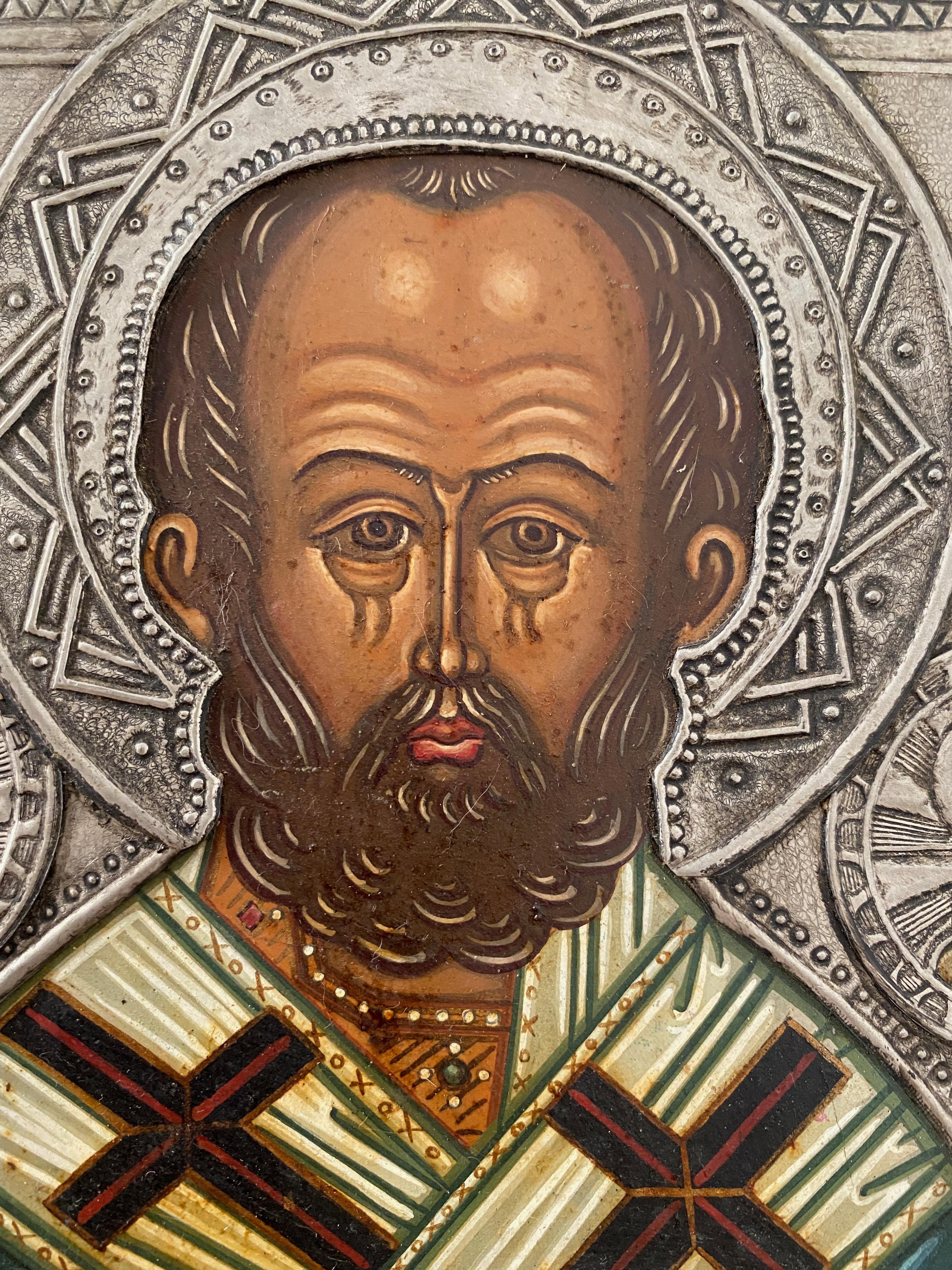Saint Nicolas in the style of Russian icons of the 18th century. With Oklad - Painting by Oliver Samsinger