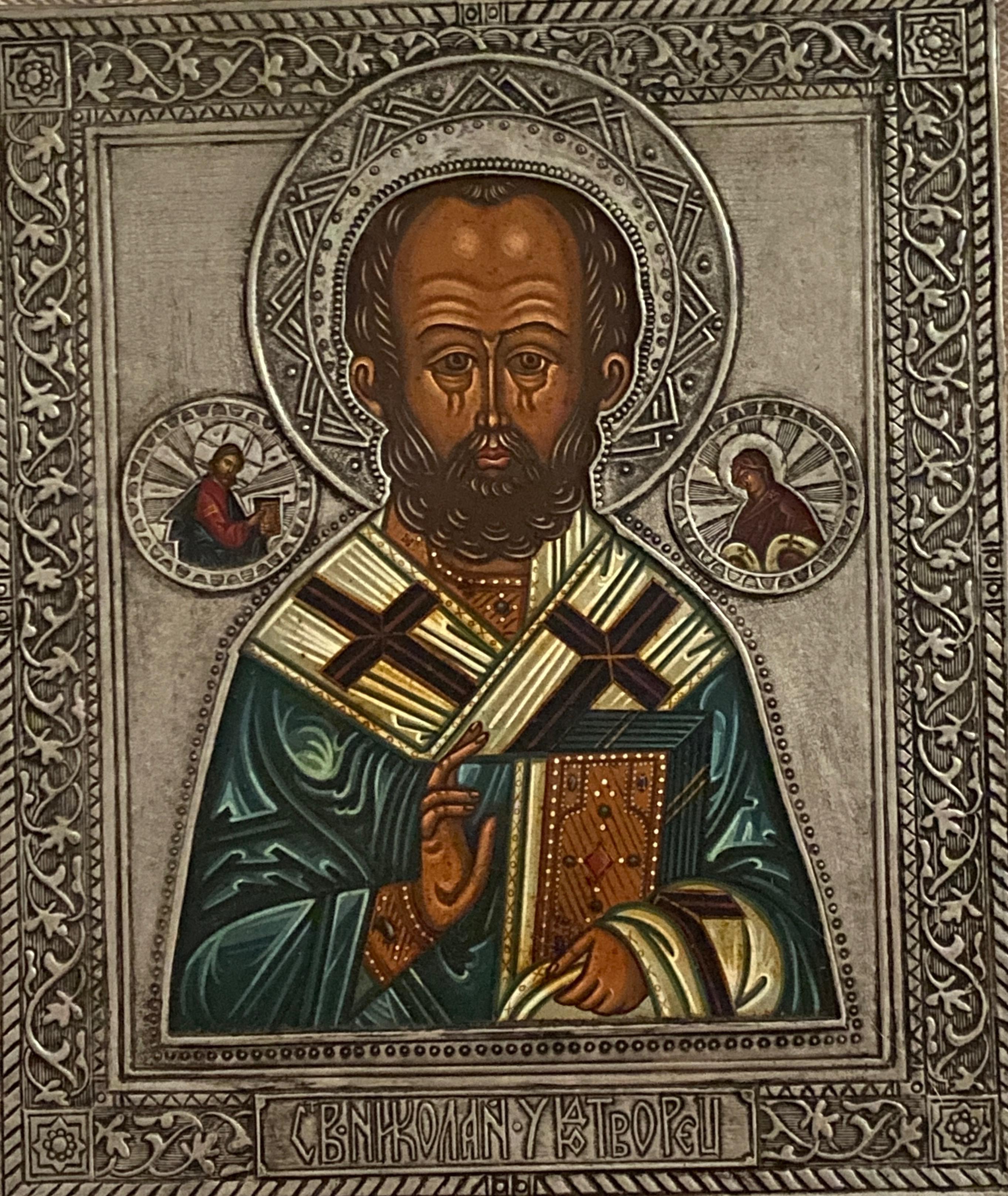 Saint Nicolas in the style of Russian icons of the 18th century. With Oklad