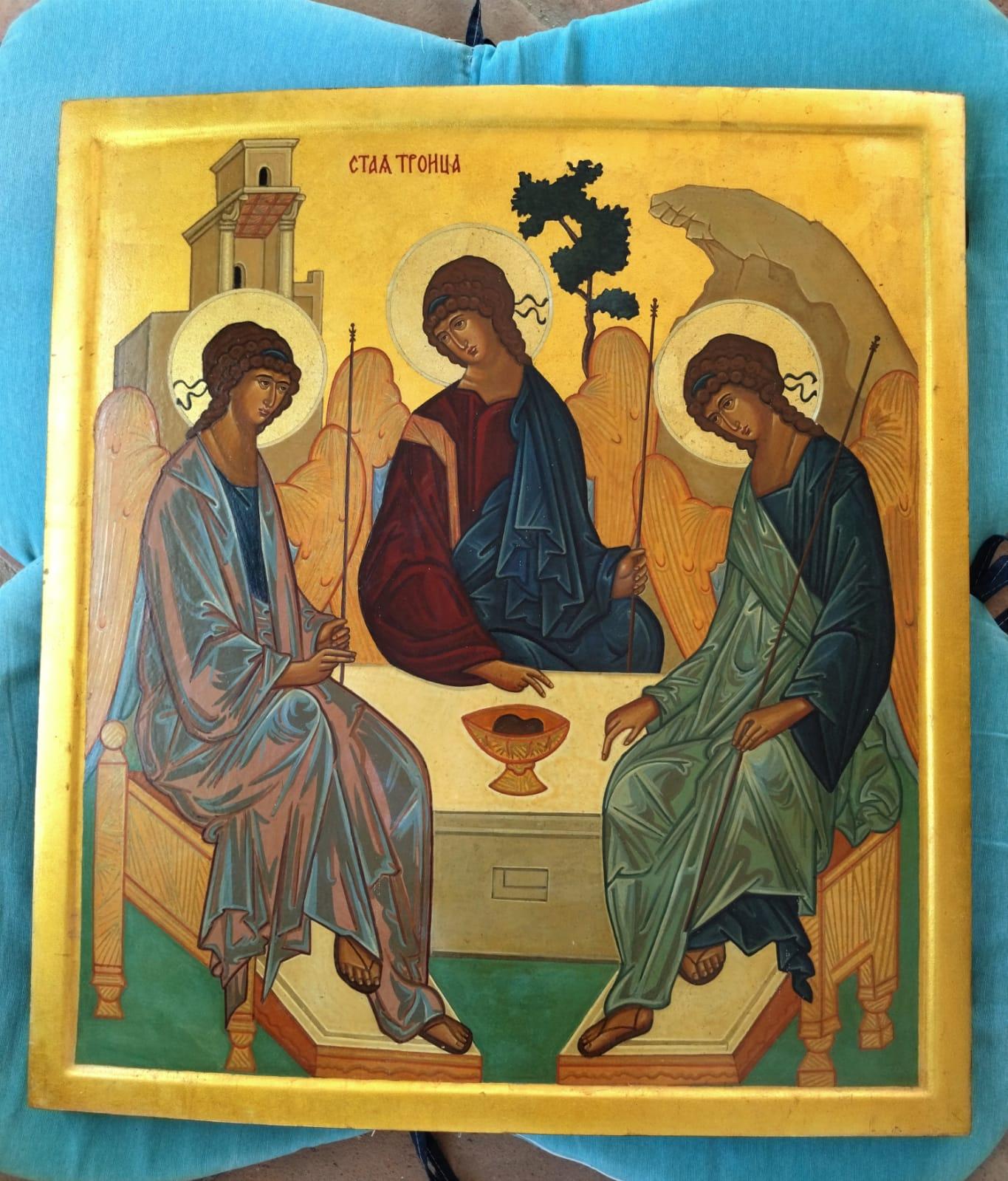 The Holy Trinity II, after an icon by Russian painter Rublev (15th century) - Painting by Oliver Samsinger