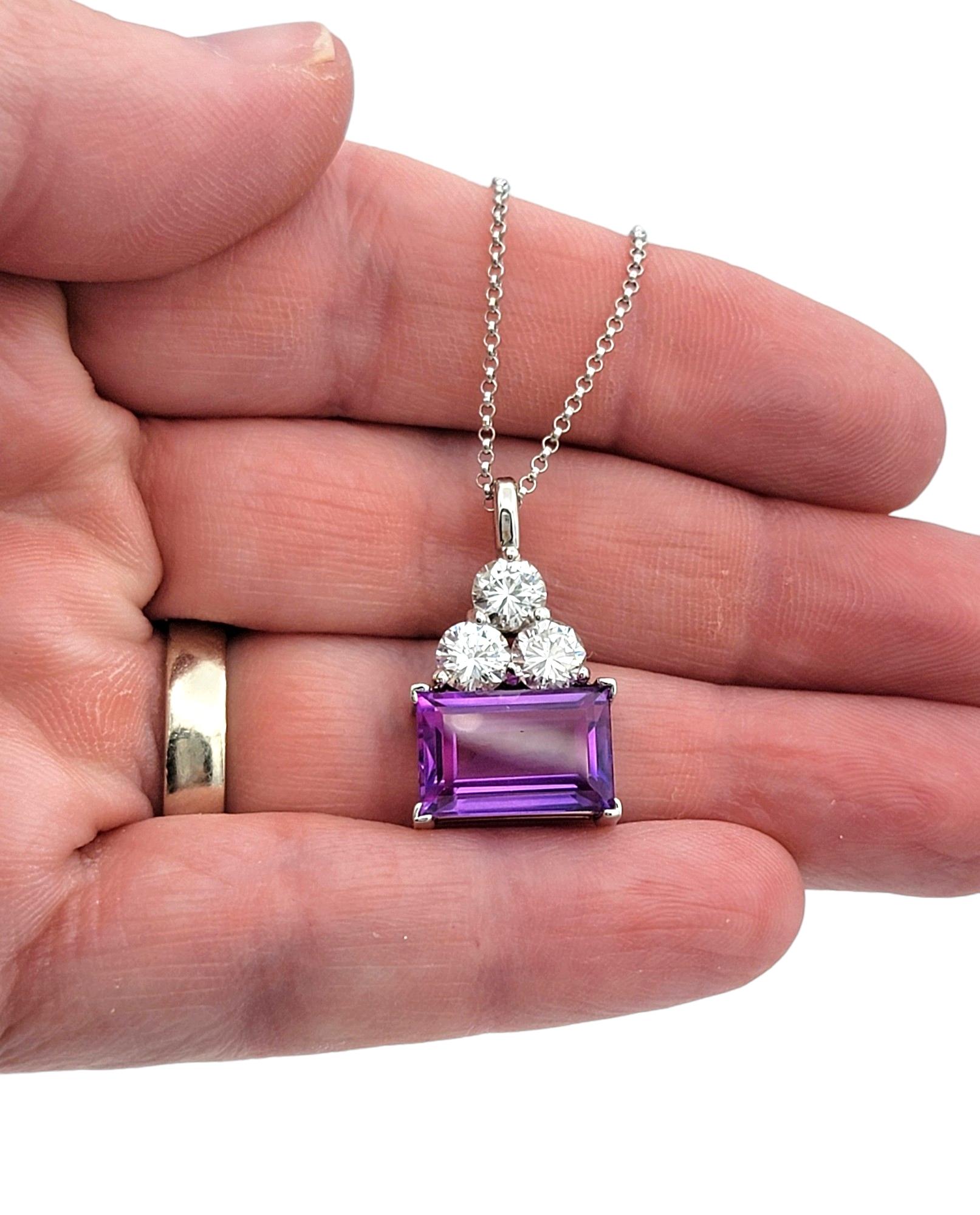 Oliver Smith Emerald Cut Amethyst and Round Diamond Trio Pendant Necklace For Sale 3